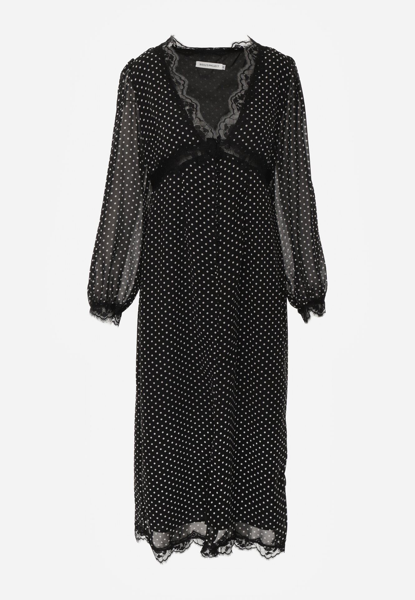 Czarna Sukienka w Kropki z Koronką i Transparentnymi Rękawami Hetiera