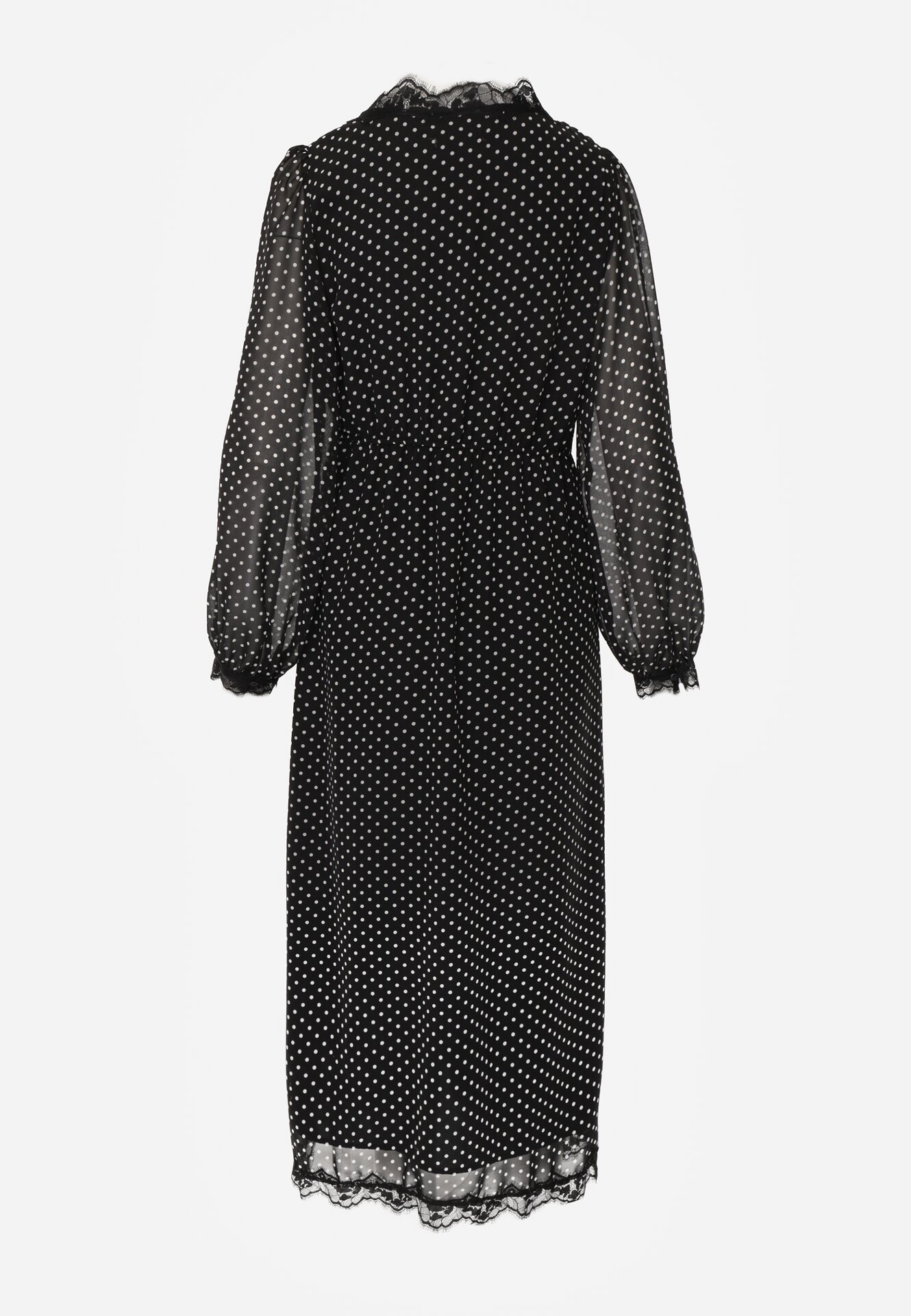 Czarna Sukienka w Kropki z Koronką i Transparentnymi Rękawami Hetiera