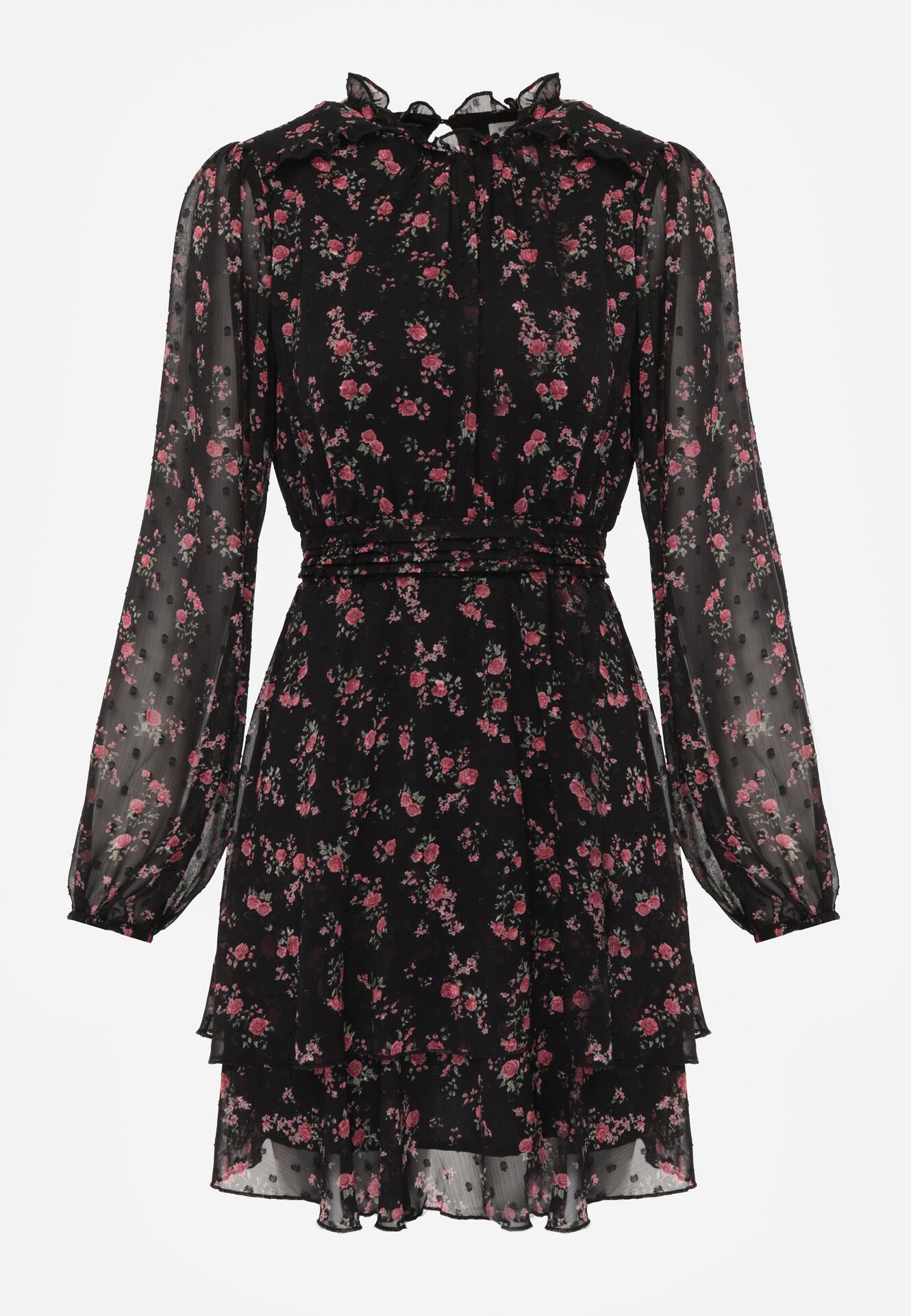 Czarna Rozkloszowana Sukienka w Kwiaty i Kropki z Transparentnymi Rękawami Edinella