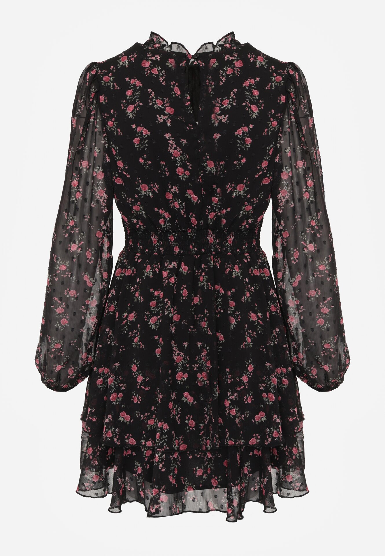 Czarna Rozkloszowana Sukienka w Kwiaty i Kropki z Transparentnymi Rękawami Edinella