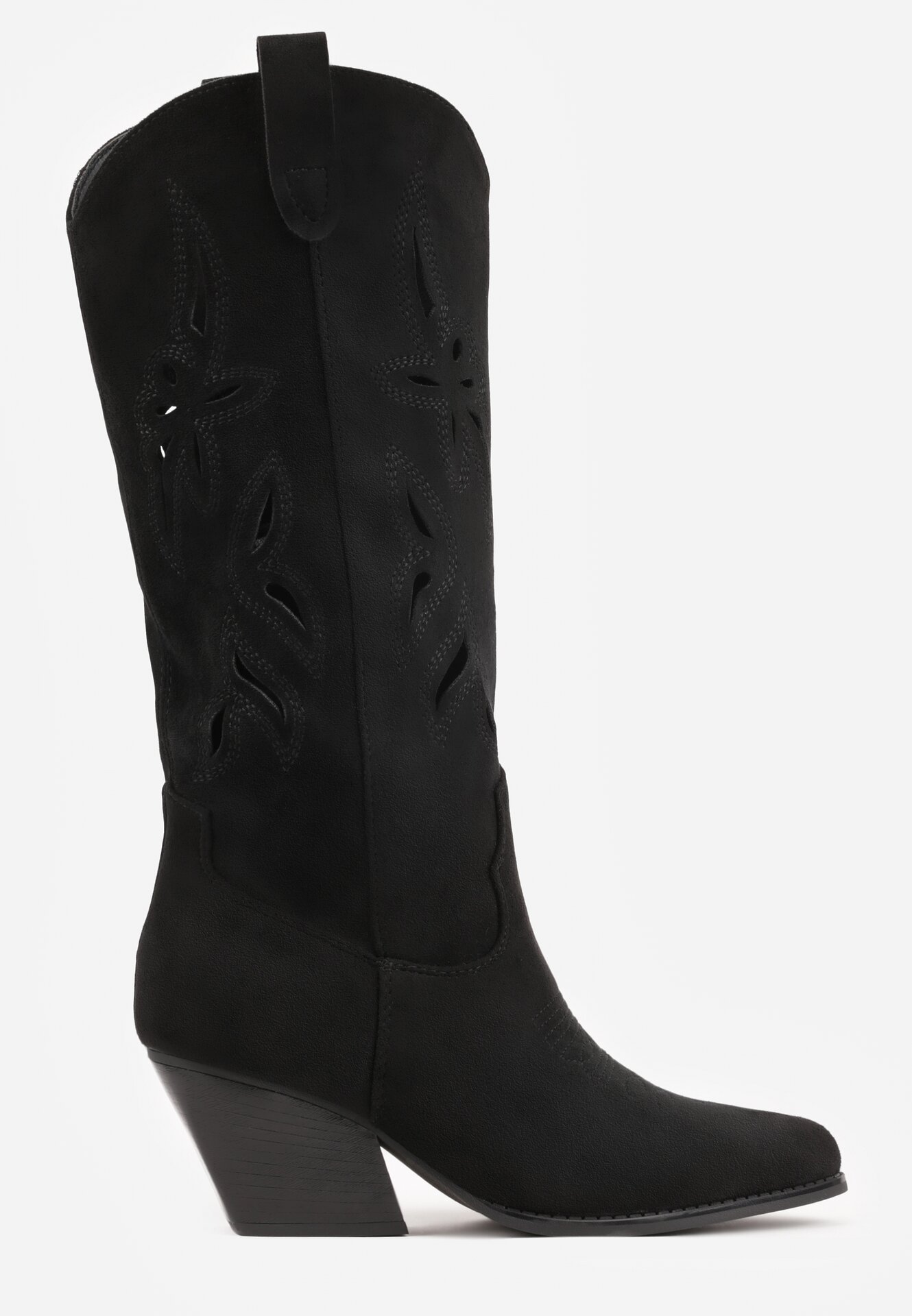 Czarne Kozaki Kowbojki na Stożkowym Obcasie z Ażurową Cholewką Tidanna