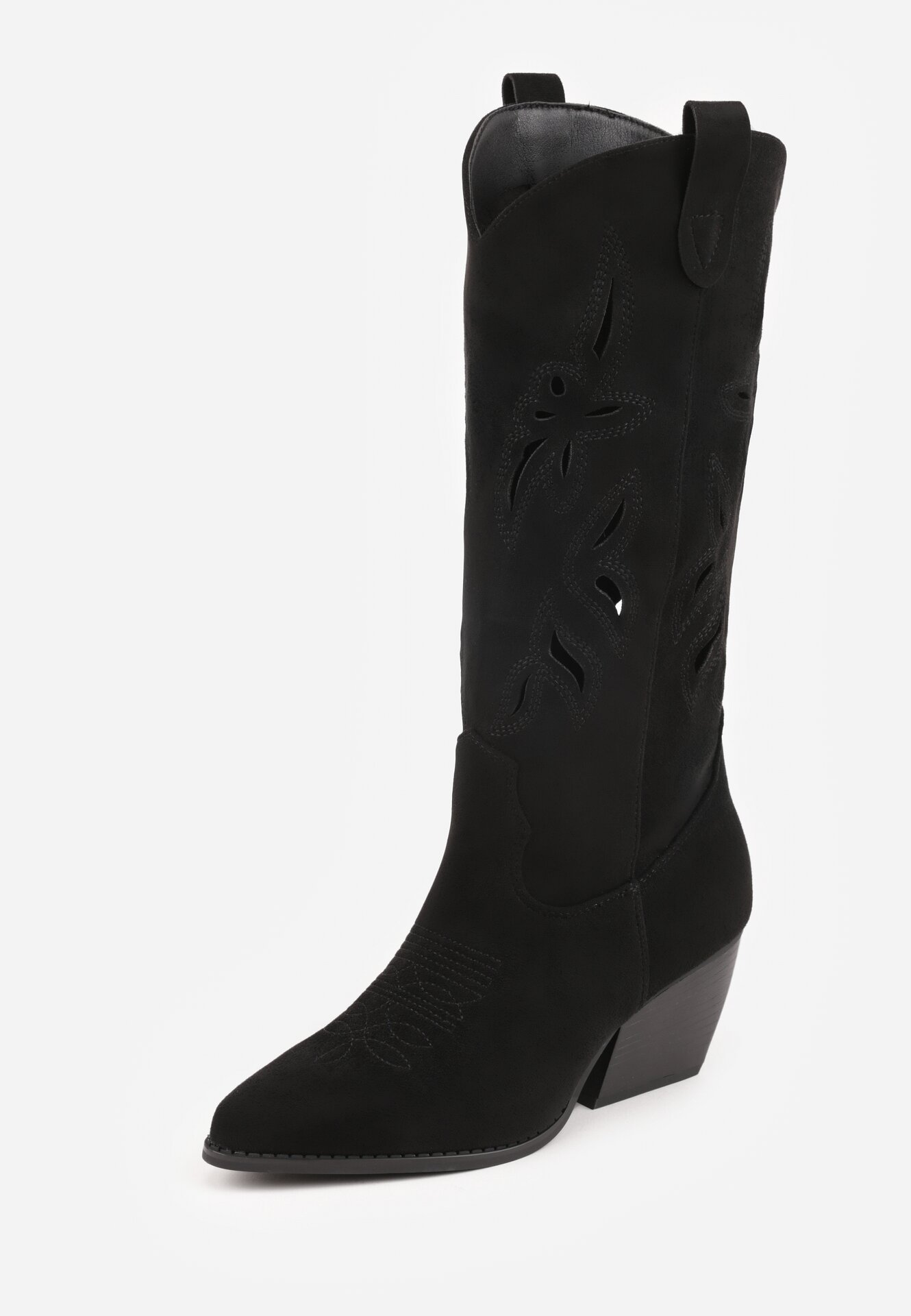 Czarne Kozaki Kowbojki na Stożkowym Obcasie z Ażurową Cholewką Tidanna