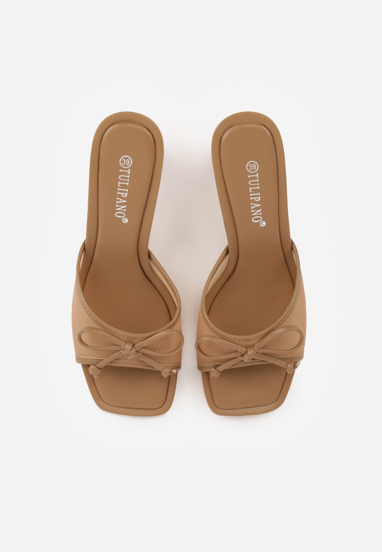 Ciemnobeżowe Siateczkowe Klapki na Szpilce Ozdobione Kokardą Vikisae