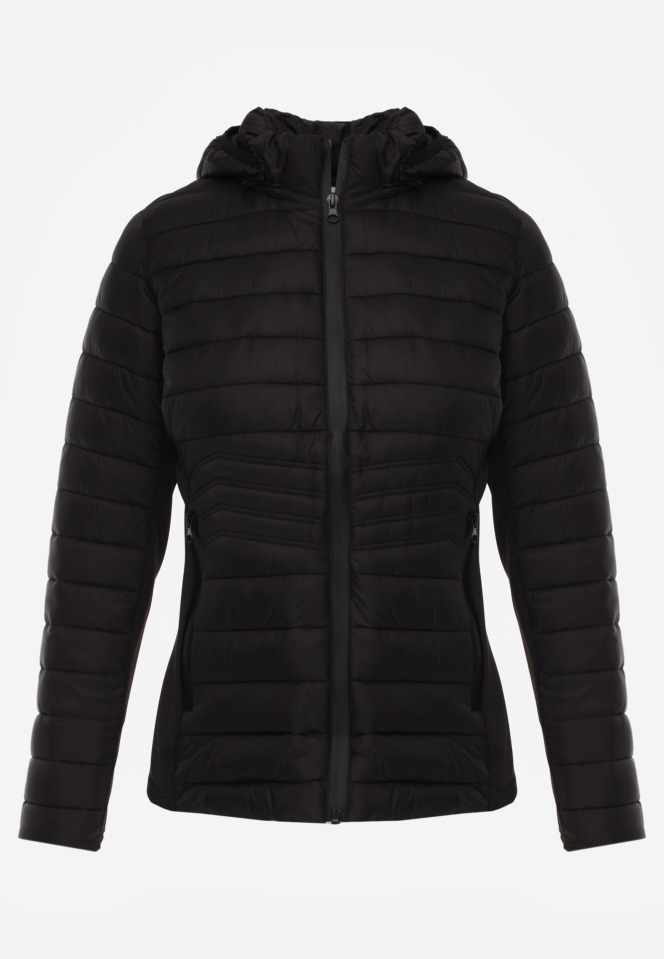 Czarna Pikowana Kurtka Przejściowa z Kapturem i Elastycznymi Panelami Feziala