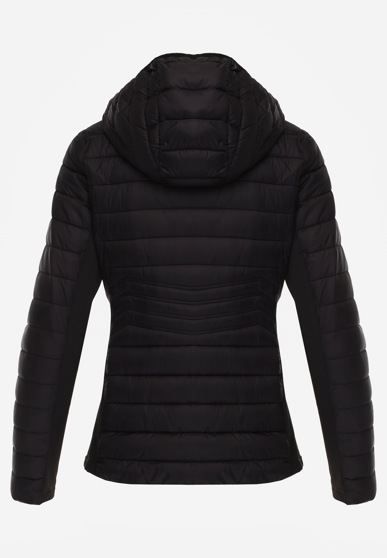 Czarna Pikowana Kurtka Przejściowa z Kapturem i Elastycznymi Panelami Feziala