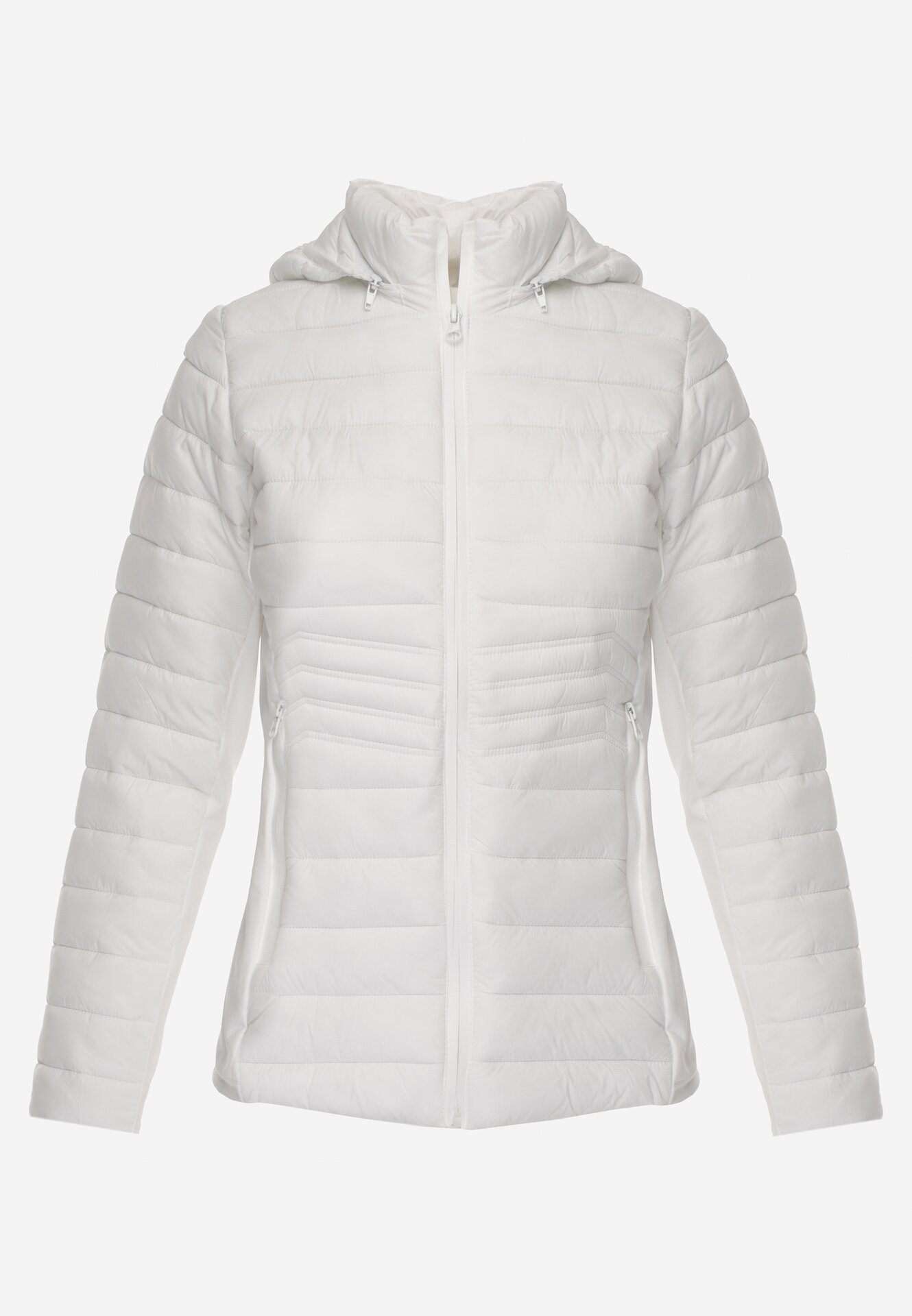 Biała Pikowana Kurtka Przejściowa z Kapturem i Elastycznymi Panelami Feziala