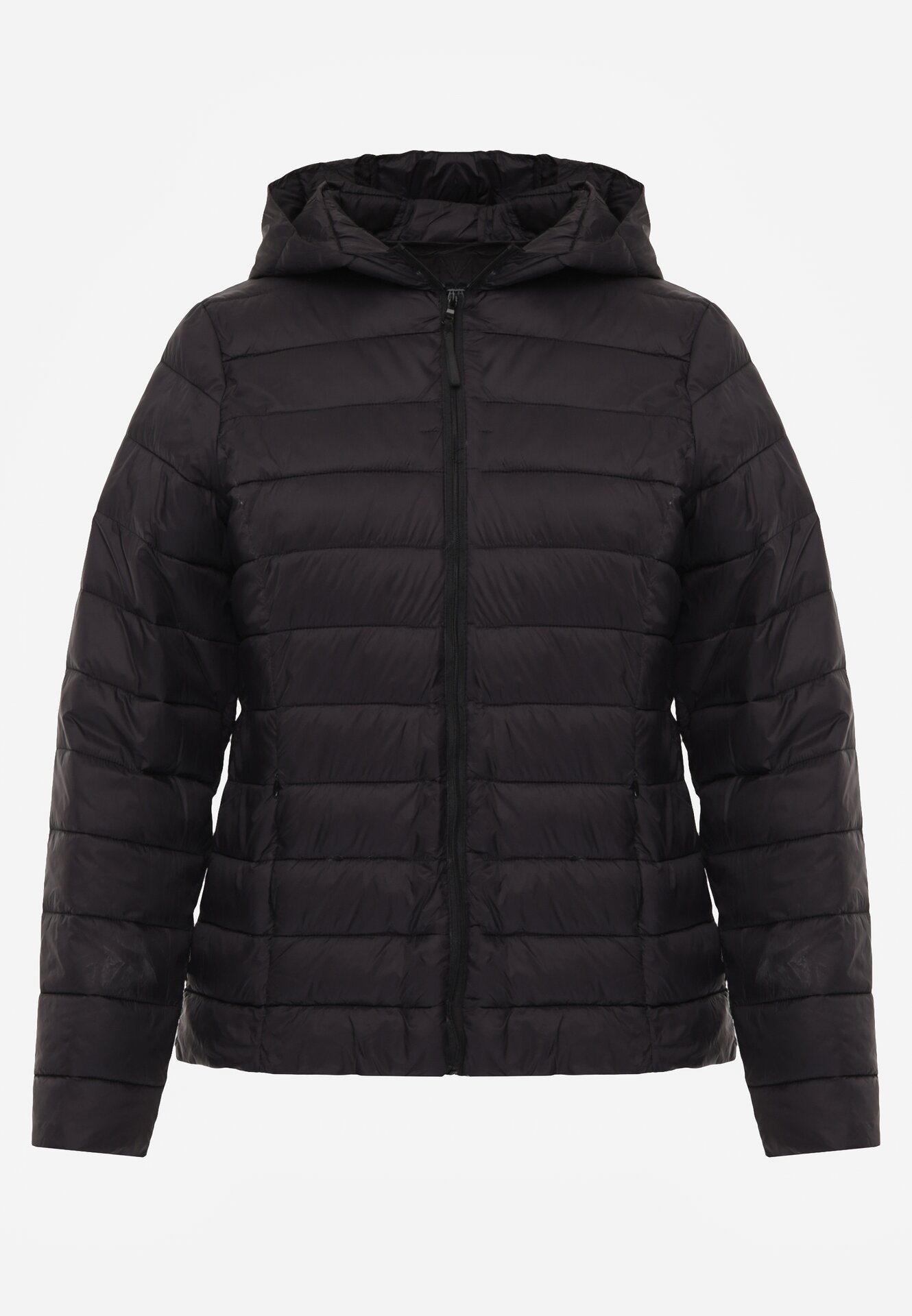 Czarna Przejściowa Kurtka z Kapturem i Pikowanymi Przeszyciami Pretilda