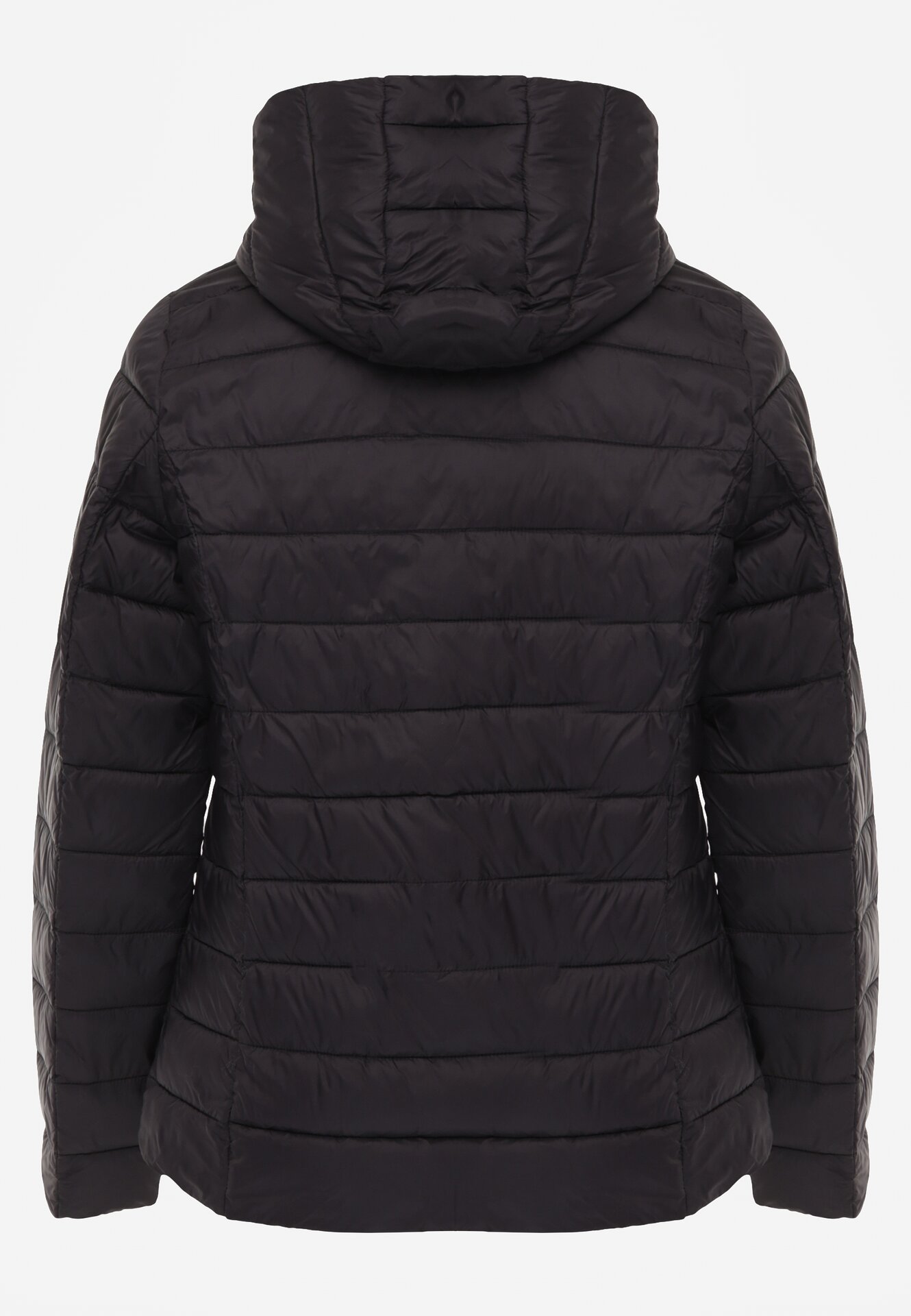 Czarna Przejściowa Kurtka z Kapturem i Pikowanymi Przeszyciami Pretilda