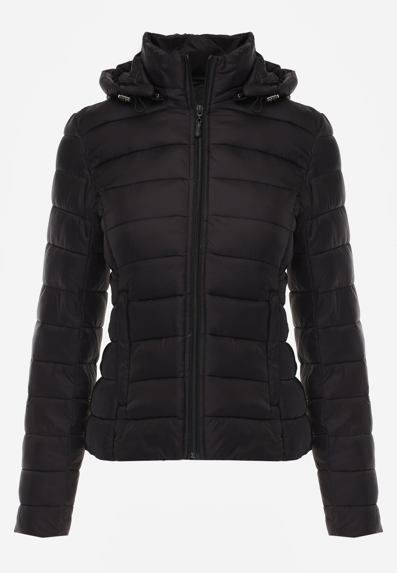 Czarna Taliowana Przejściowa Kurtka Pikowana z Odpinanym Kapturem Zinnorae