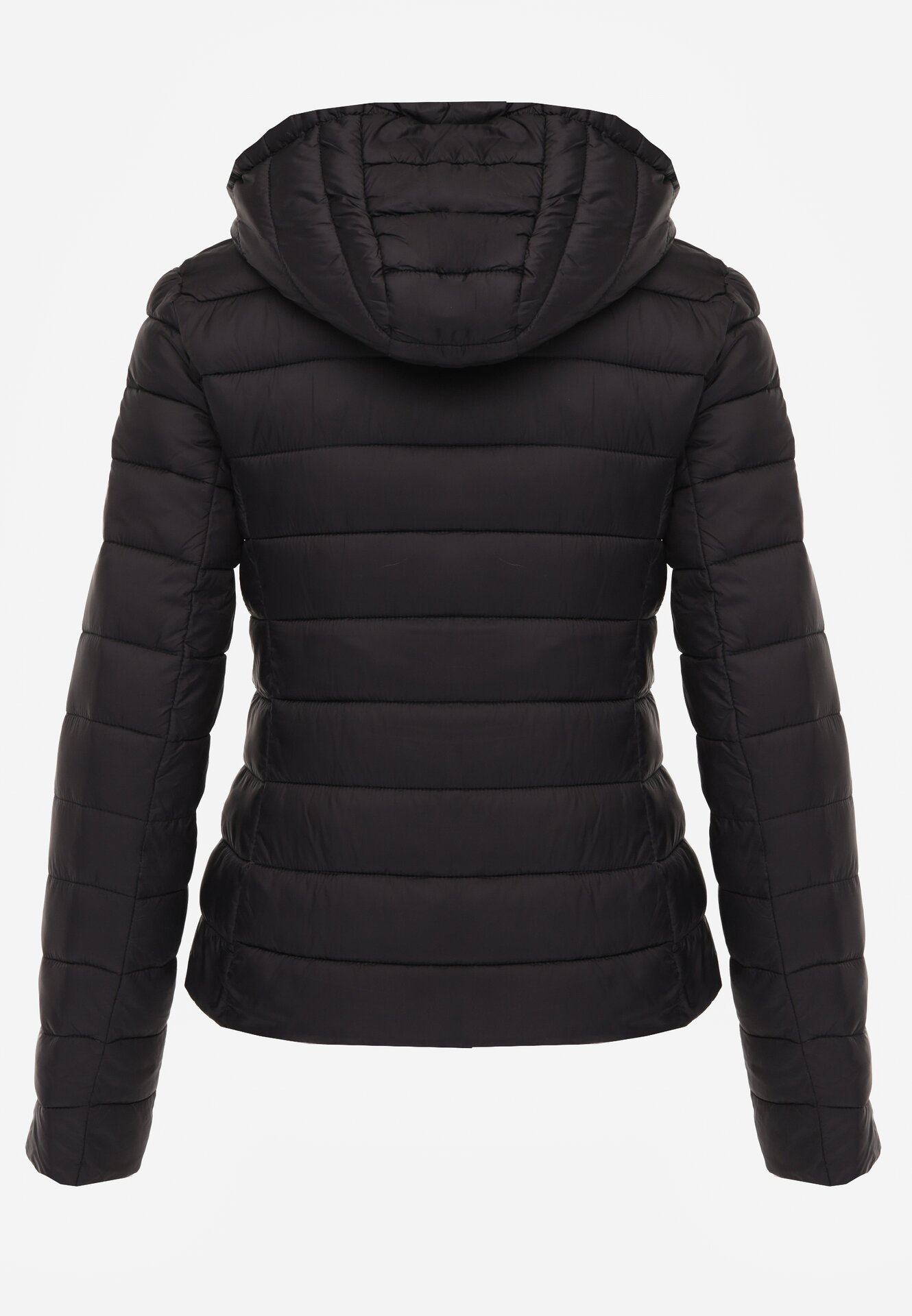 Czarna Taliowana Przejściowa Kurtka Pikowana z Odpinanym Kapturem Zinnorae