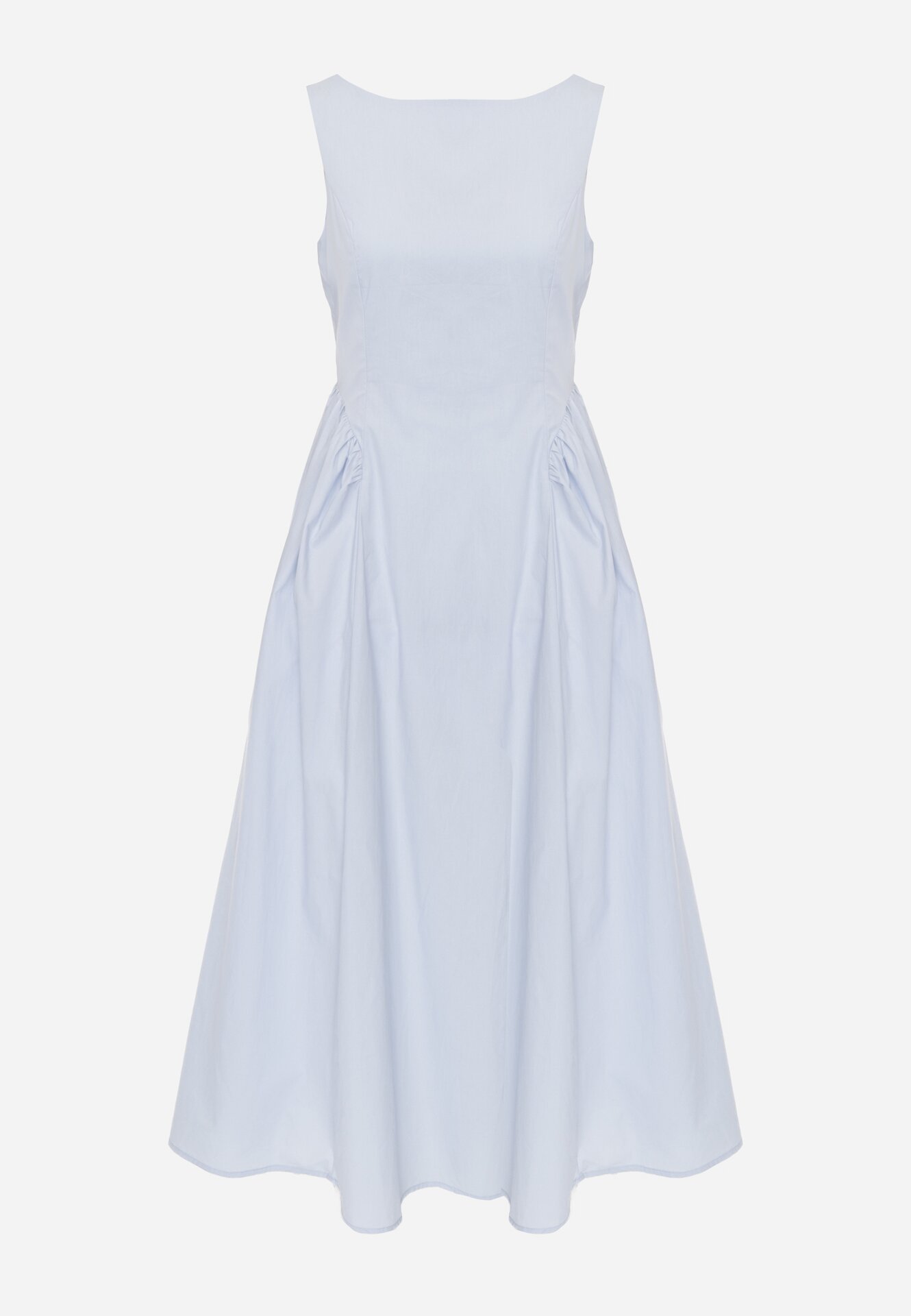 Jasnoniebieska Sukienka Bawełniana o Rozkloszowanym Fasonie z Dekoltem Łódką i Kieszeniami Elenira