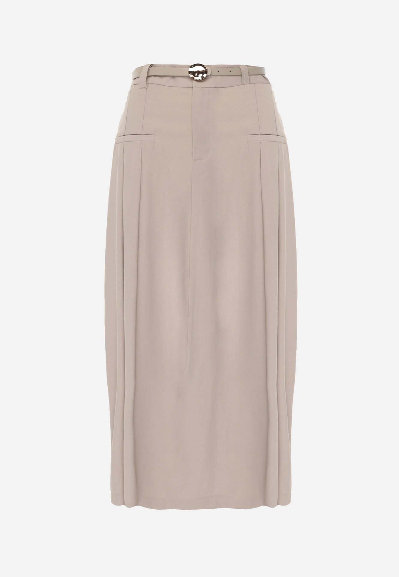 Beżowa Wiskozowa Spódnica o Rozkloszowanym Kroju z Plisami i Paskiem Rolea