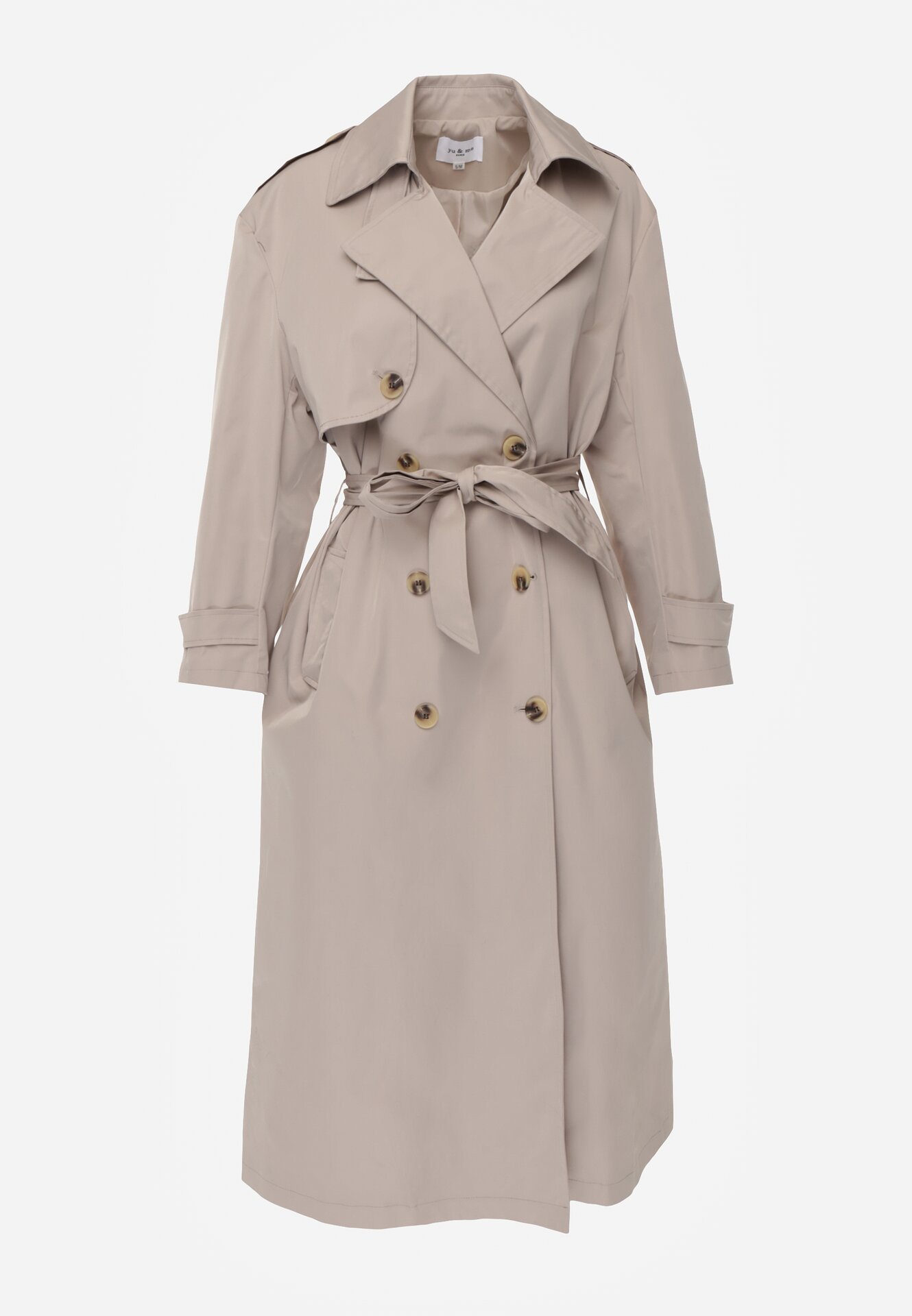 Beżowy Bawełniano-Wiskozowy Płaszcz Trencz z Wiązanym Paskiem i Klapą Lissana