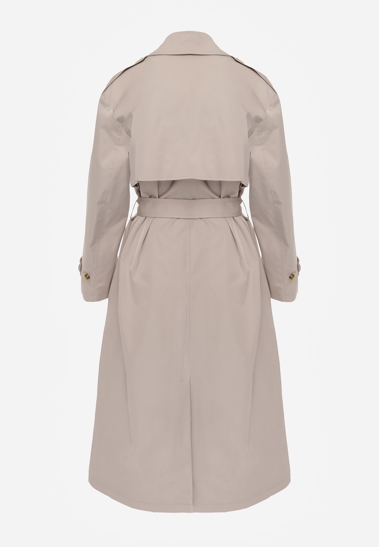 Beżowy Bawełniano-Wiskozowy Płaszcz Trencz z Wiązanym Paskiem i Klapą Lissana