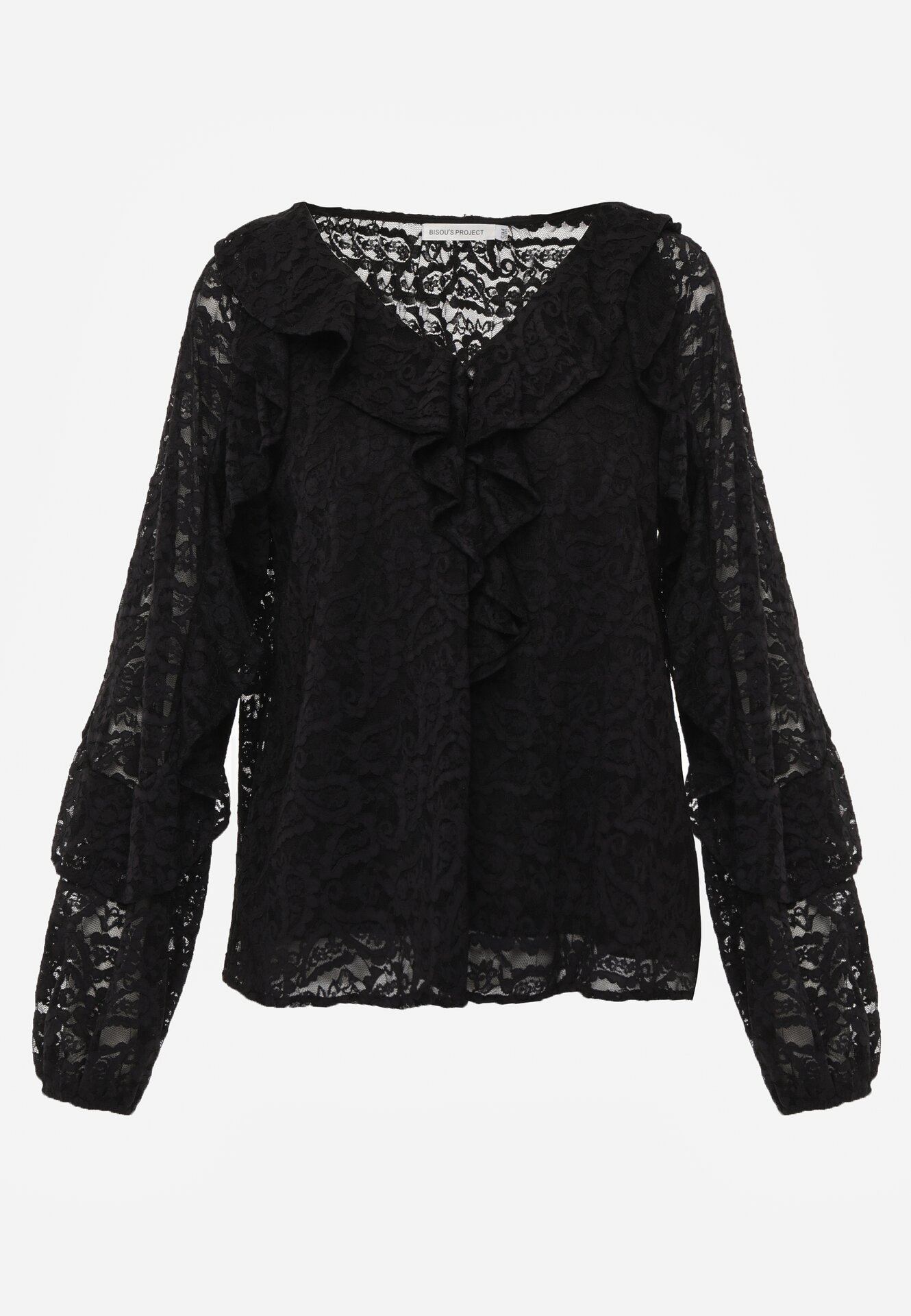 Czarna Bluzka z Koronki Ozdobiona Falbankami Sewola