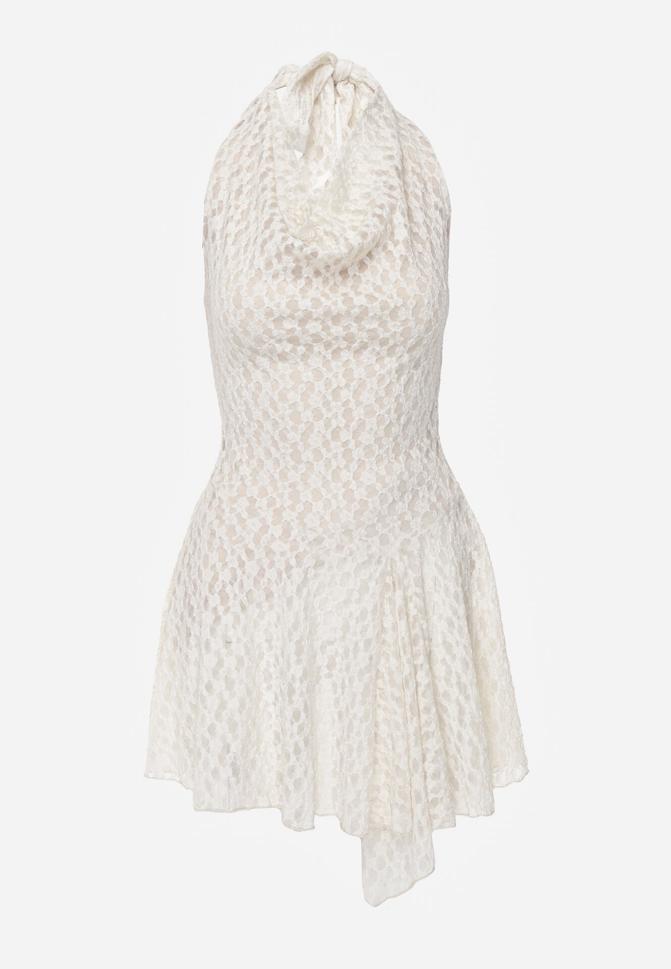 Biała Rozkloszowana Sukienka z Koronki z Wiązaniem i Odkrytymi Plecami Bernisa