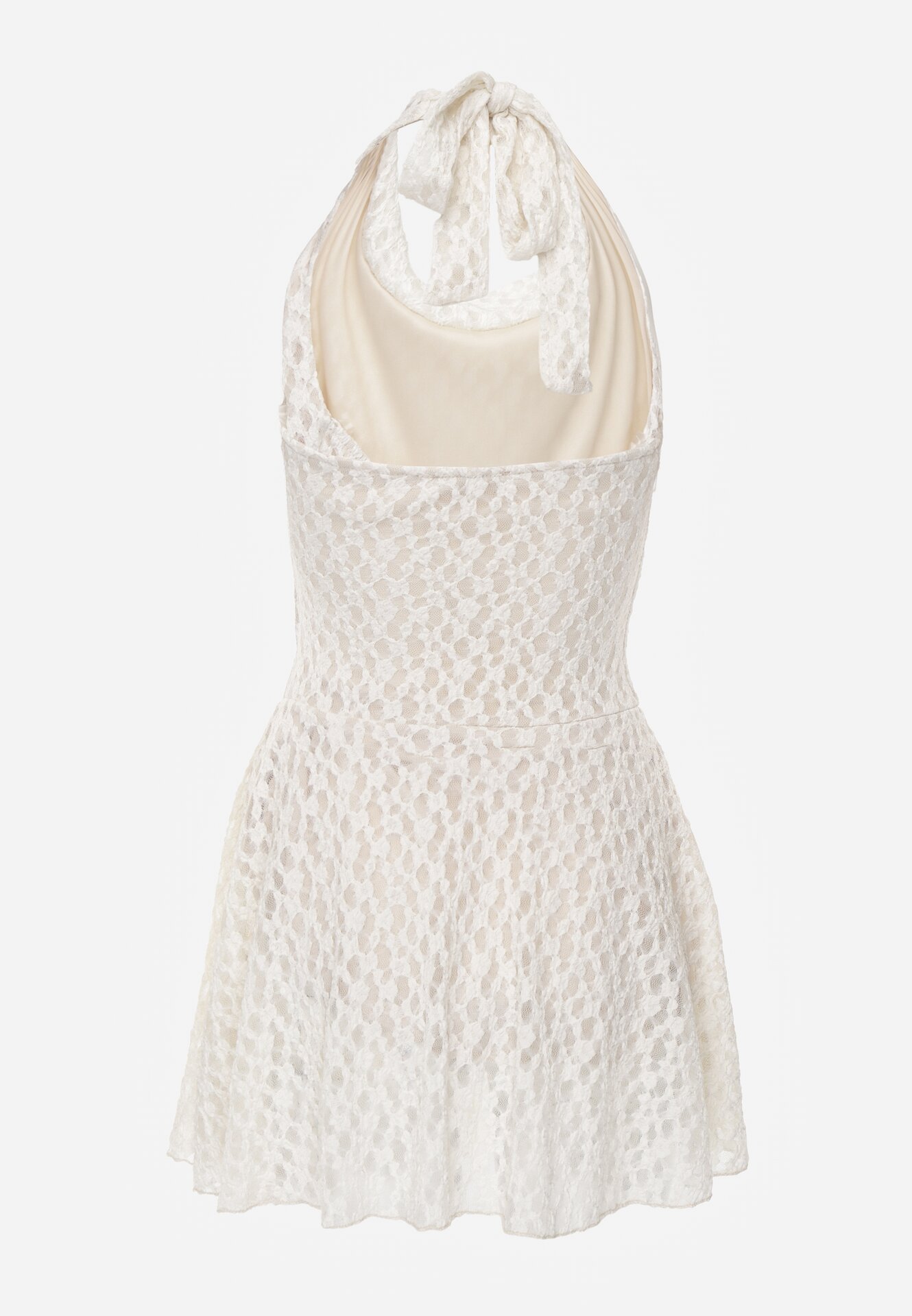 Biała Rozkloszowana Sukienka z Koronki z Wiązaniem i Odkrytymi Plecami Bernisa