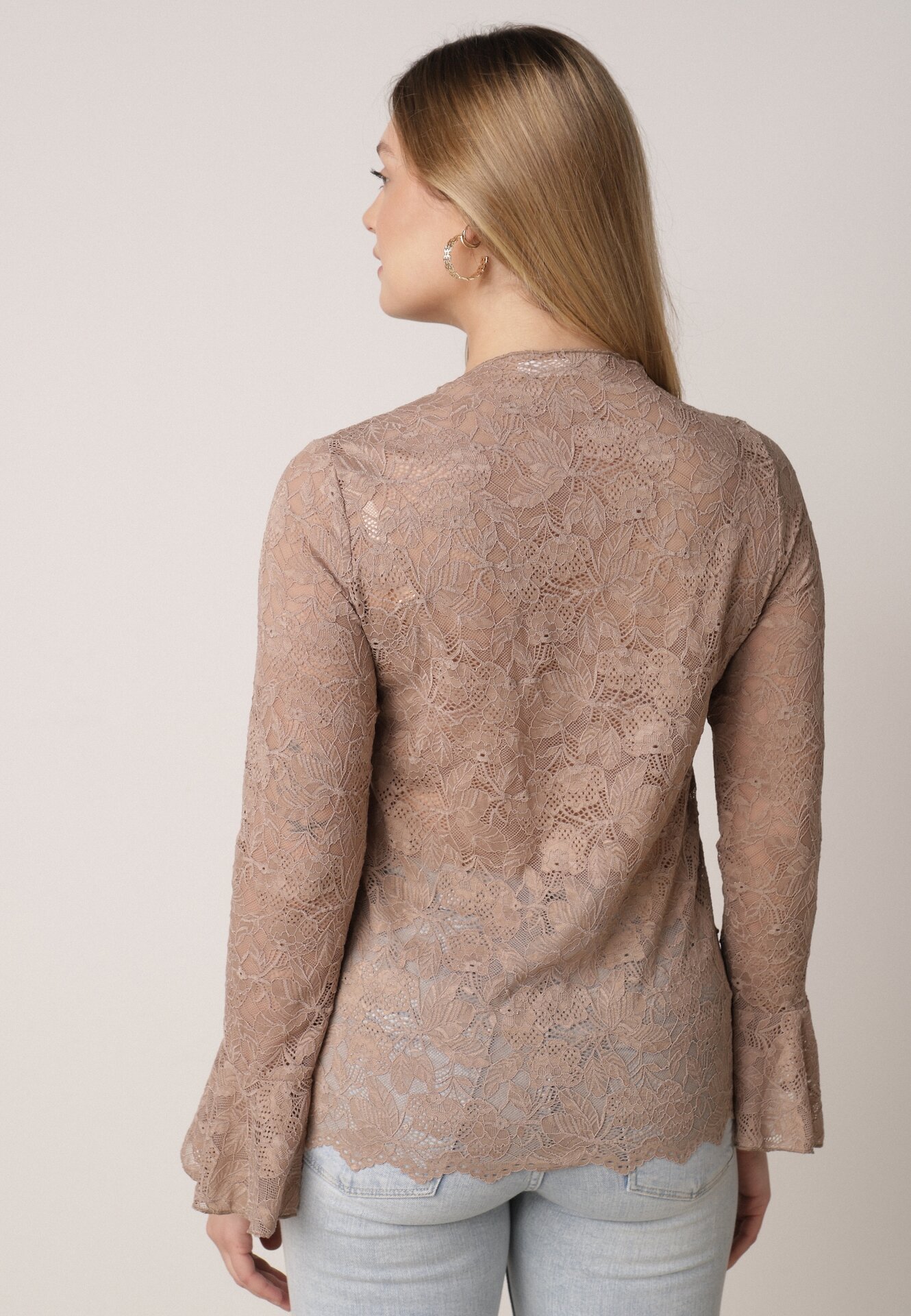 Brązowa Koronkowa Bluzka z Falbanką i Rozszerzanymi Rękawami Nelaetia