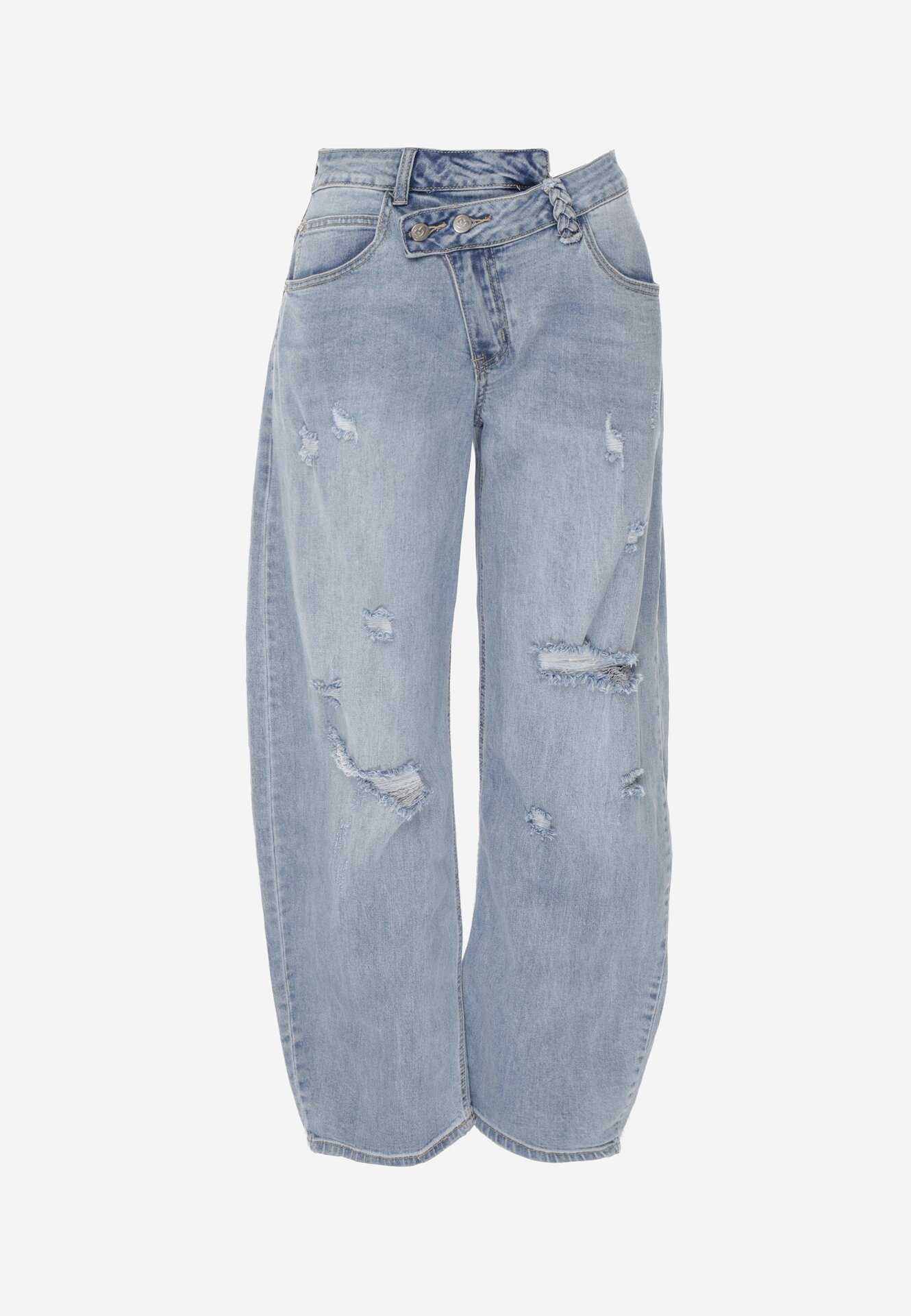 Niebieskie Bawełniane Jeansy o Asymetrycznym Kroju Typu Balloon z Dziurami Nediara