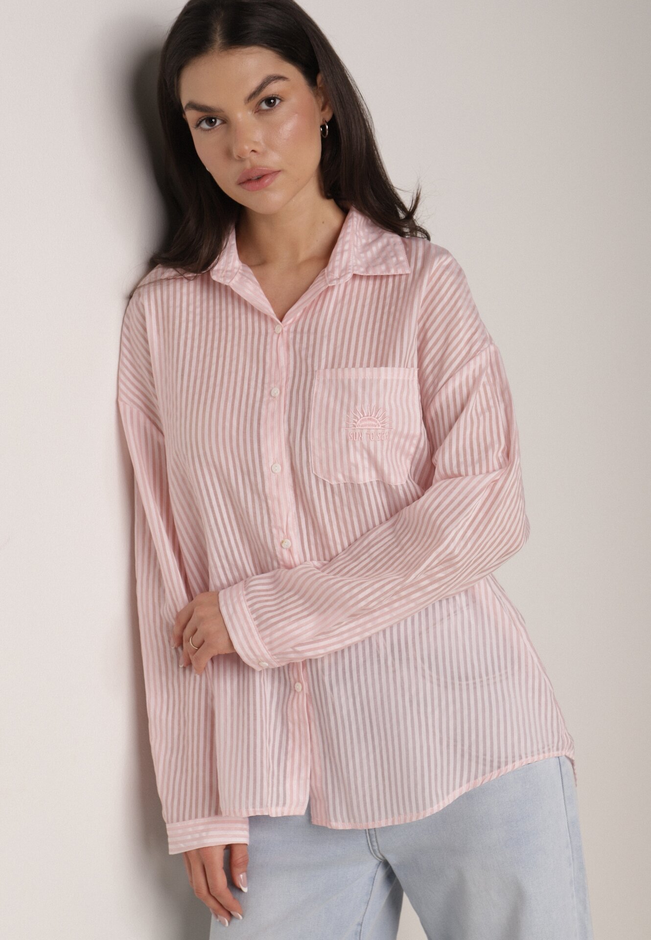 Różowa Koszula o Kroju Oversize z Tencelu w Paski Ozdobiona Haftem Tidine