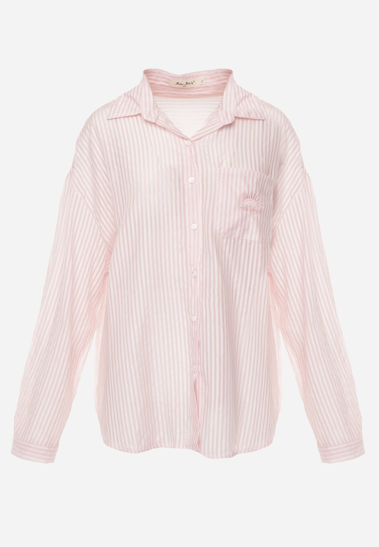 Różowa Koszula o Kroju Oversize z Tencelu w Paski Ozdobiona Haftem Tidine