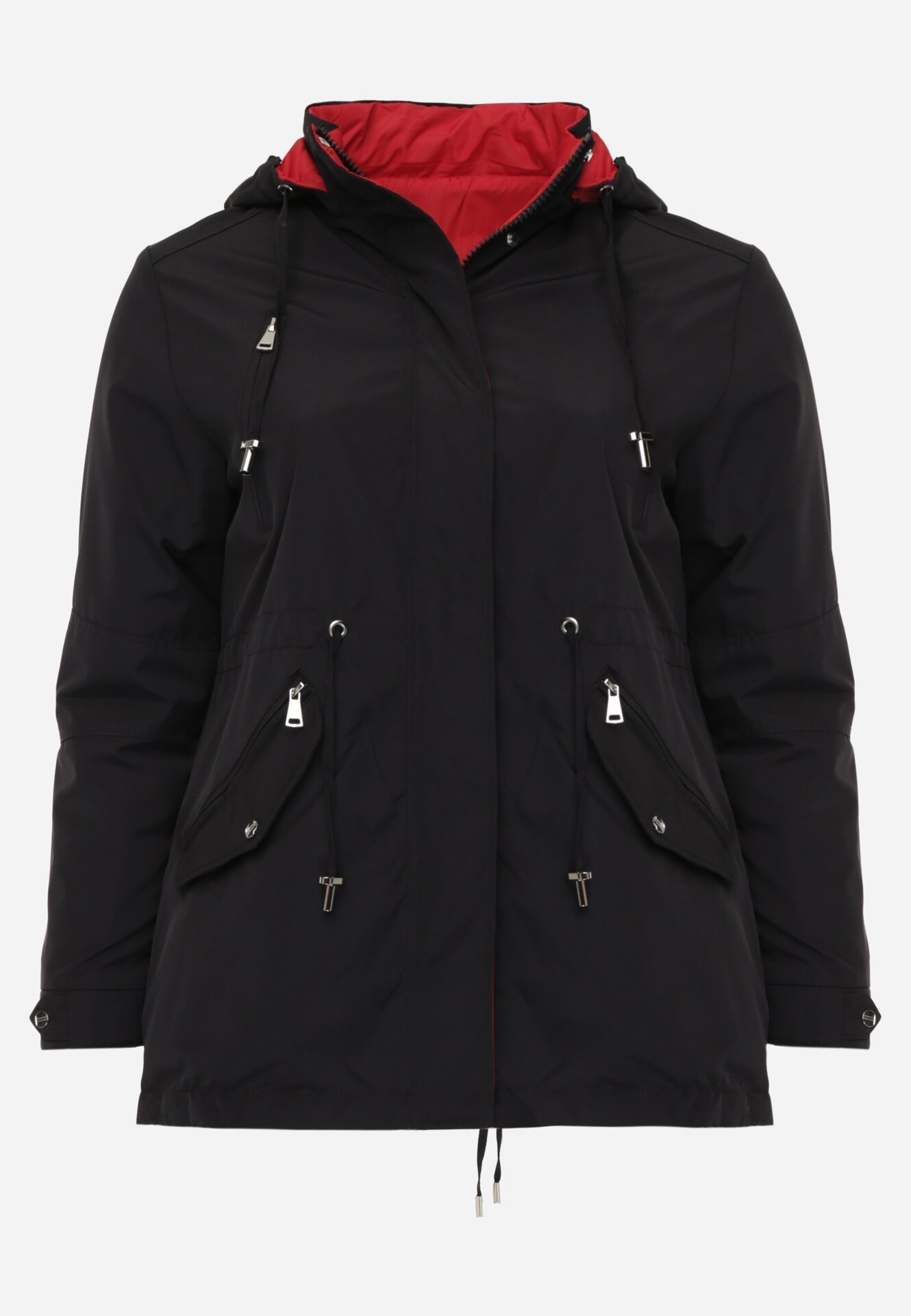 Czarno-Czerwona Przejściowa Kurtka Dwustronna Parka z Pikowaniem i Kapturem Tidare