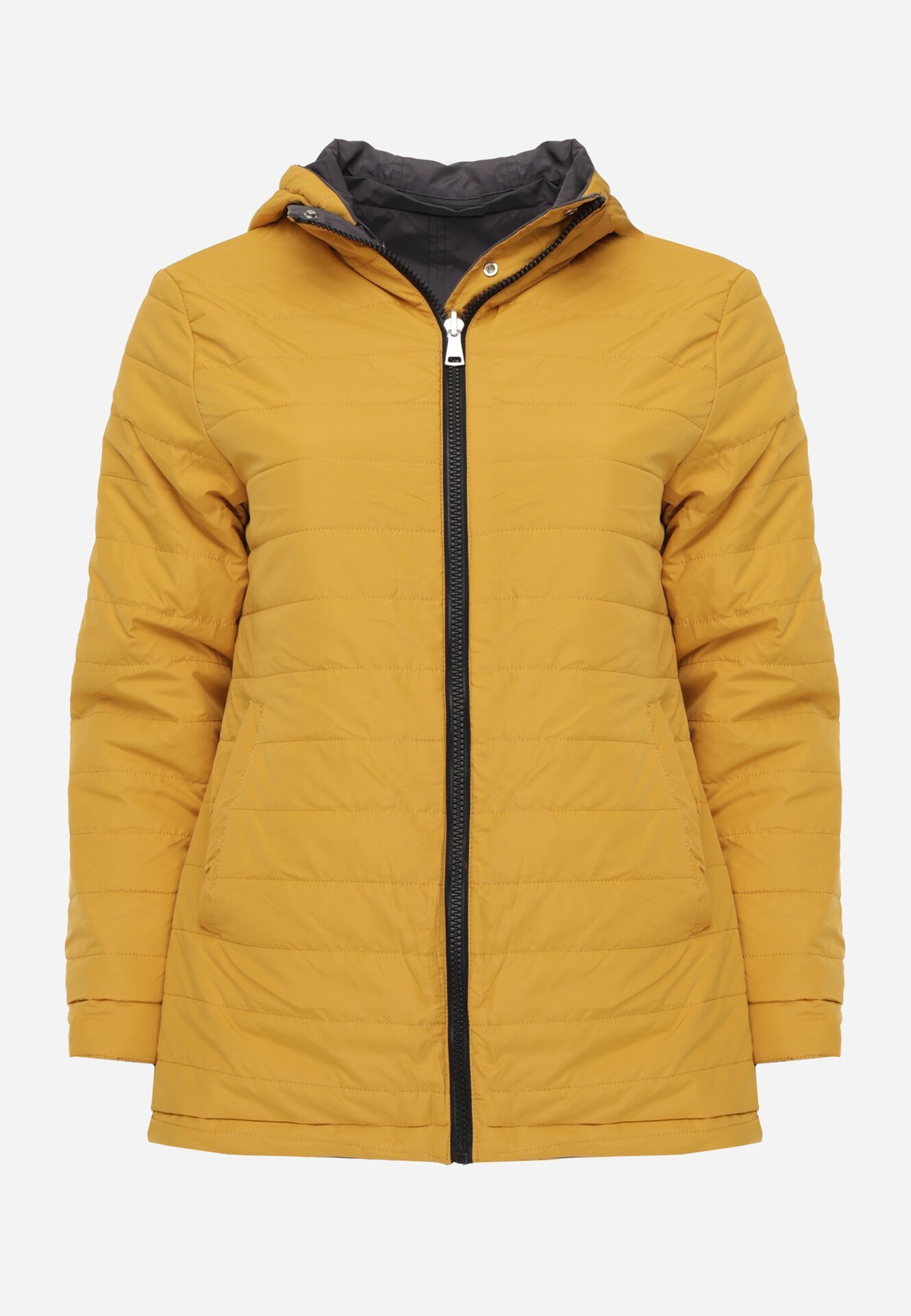 Szaro-Żółta Przejściowa Kurtka Dwustronna Parka z Pikowaniem i Kapturem Tidare