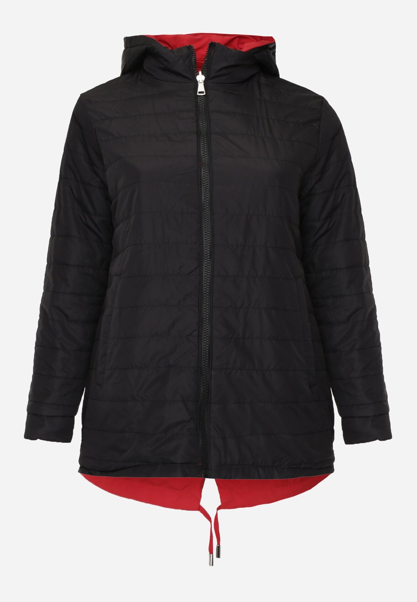 Czerwono-Czarna Przejściowa Kurtka Dwustronna Parka z Pikowaniem i Kapturem Tidare
