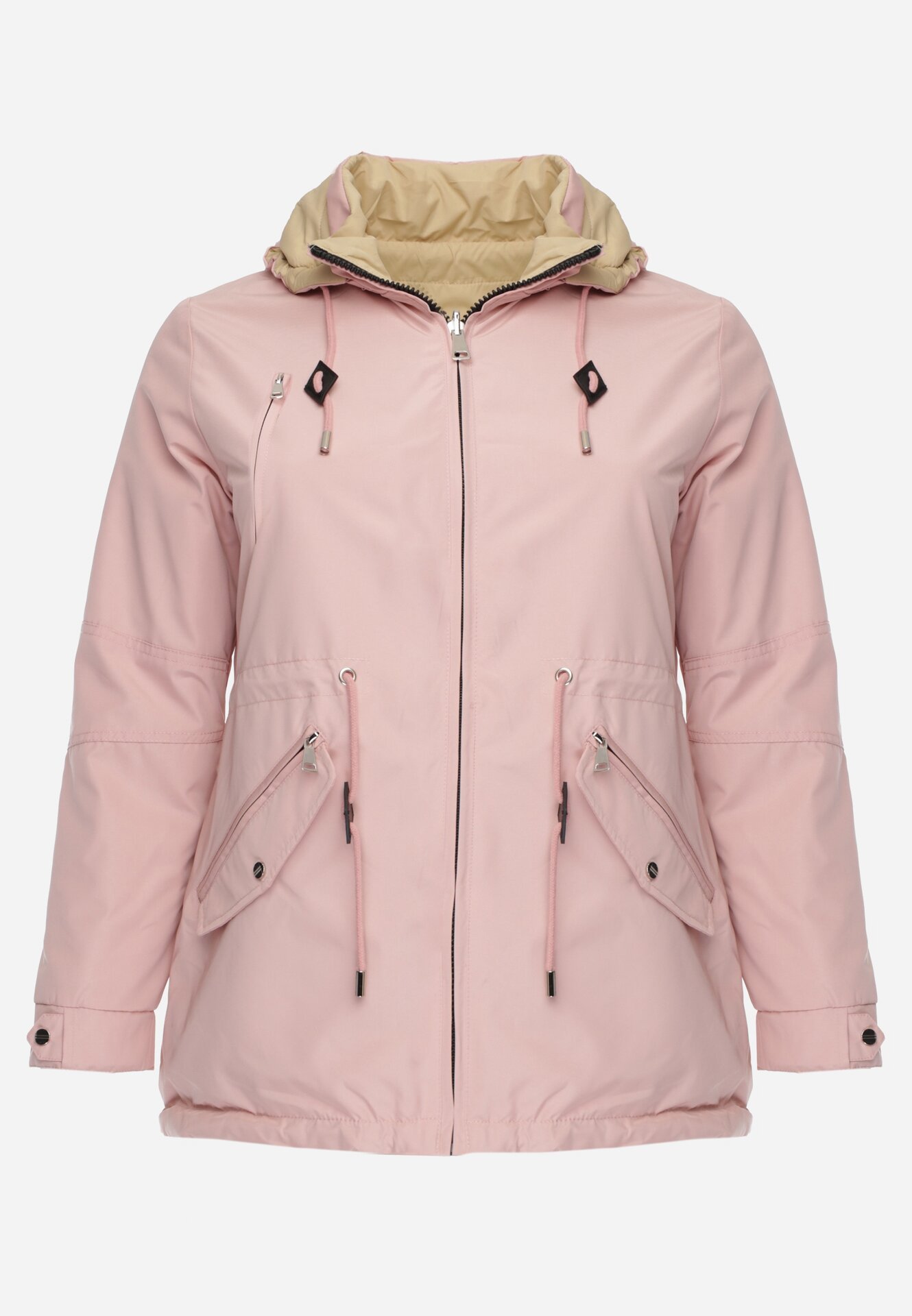 Różowo-Beżowa Przejściowa Kurtka Dwustronna o Kroju Parki z Pikowaniem Wewnątrz Zidelle