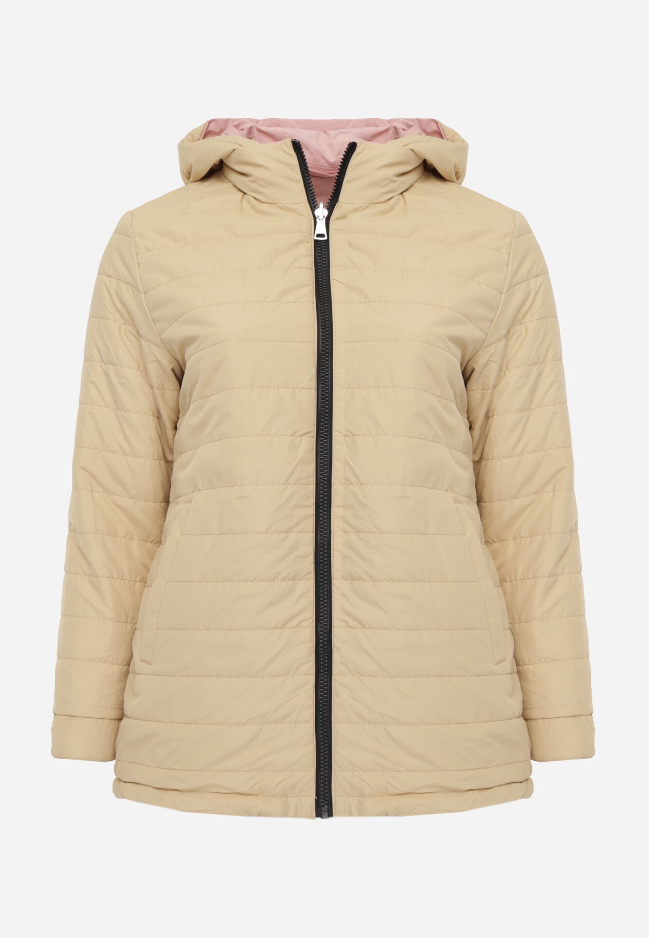 Różowo-Beżowa Przejściowa Kurtka Dwustronna o Kroju Parki z Pikowaniem Wewnątrz Zidelle