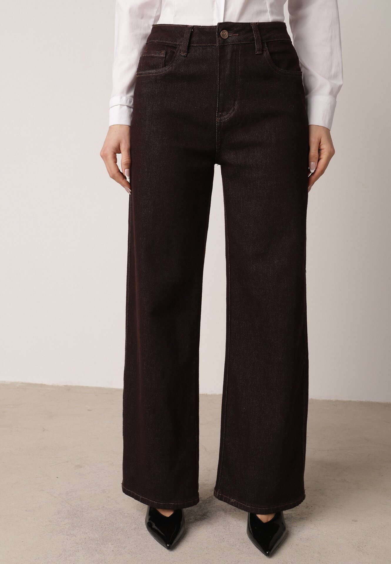 Brązowe Jeansy z Szerokimi Nogawkami z Bawełną Zidula