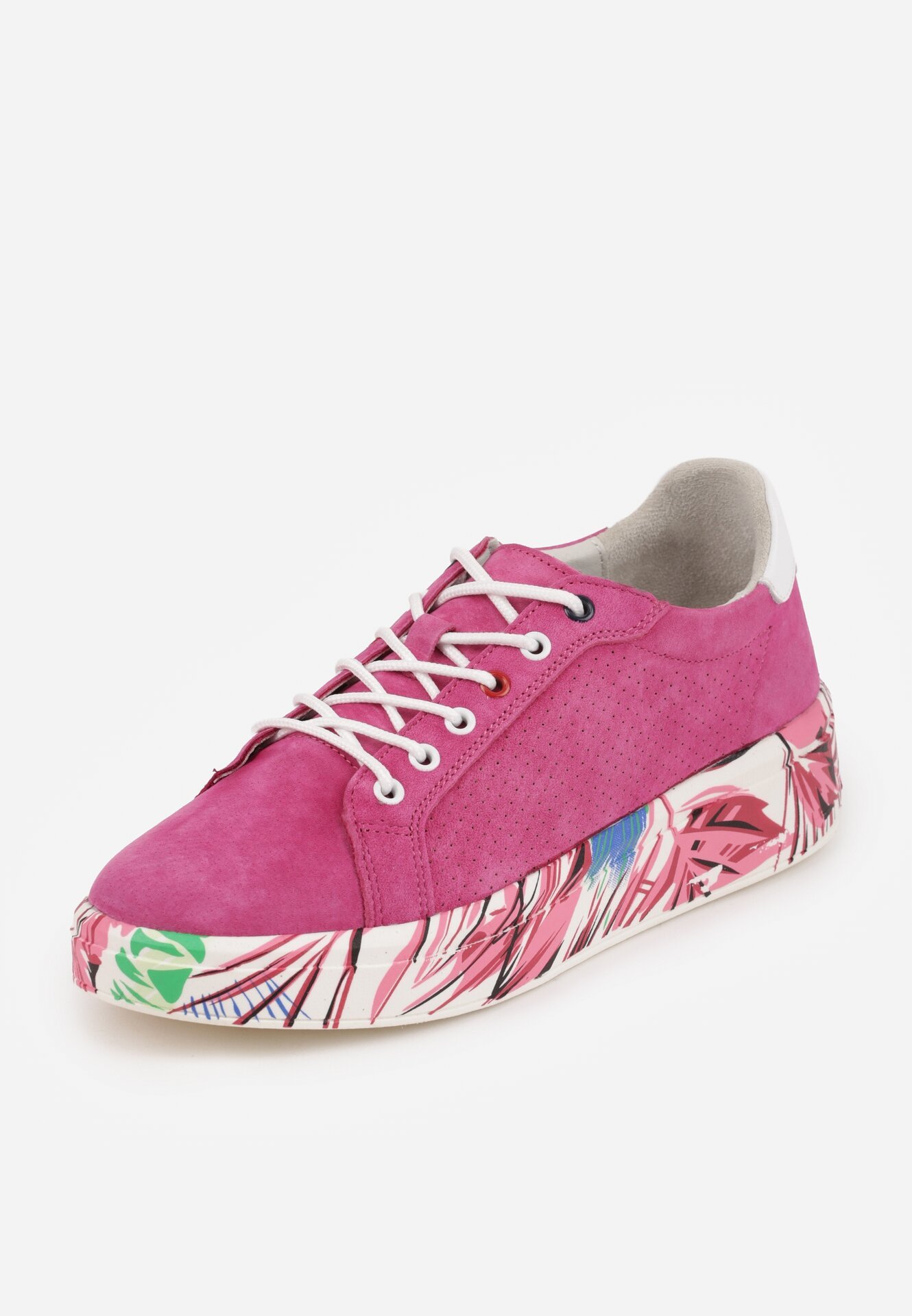 Fuksjowe Sneakersy ze Skóry Naturalnej z Perforacją i Motywem Piór Riosinda