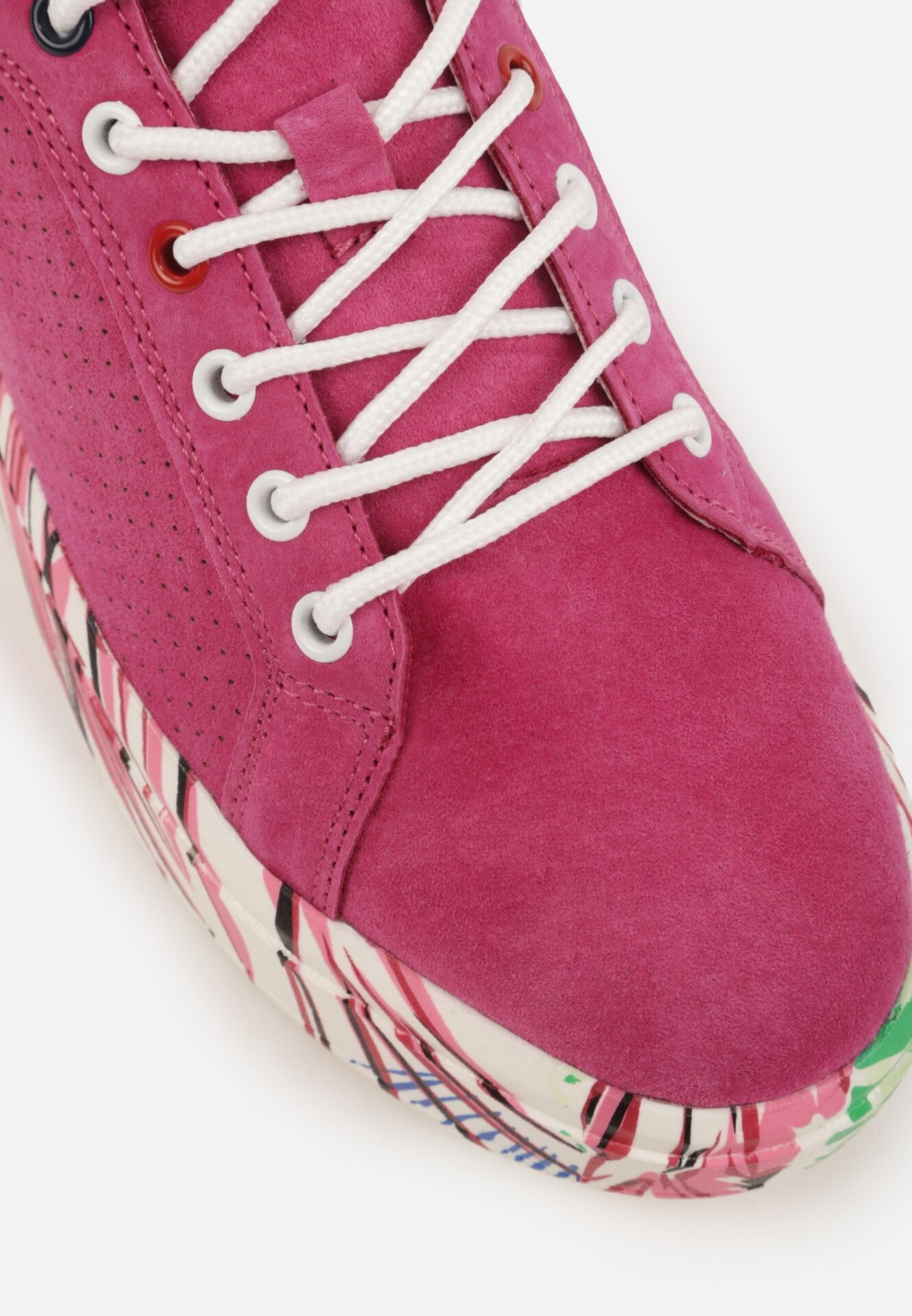 Fuksjowe Sneakersy ze Skóry Naturalnej z Perforacją i Motywem Piór Riosinda