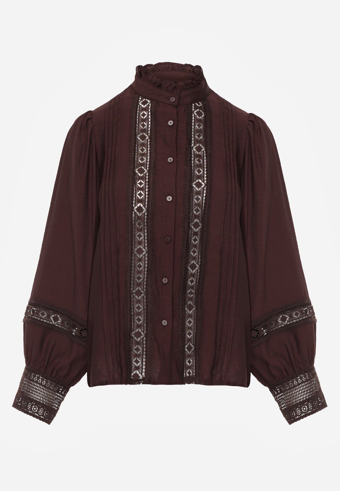 Brązowa Koszula ze Stójką i Koronką Argochis