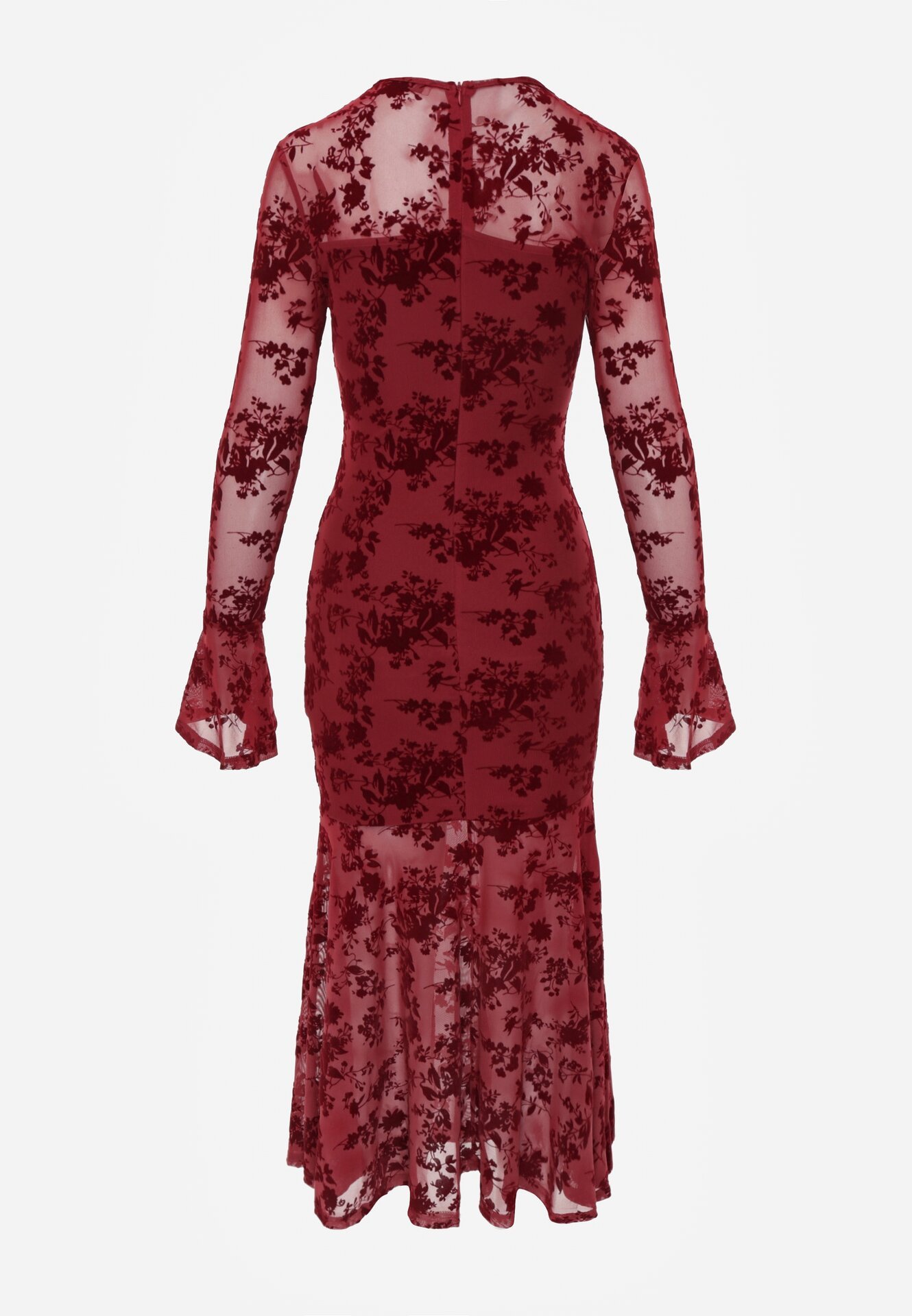 Czerwona Siateczkowa Sukienka Koktajlowa VICES z Welurowym Wzorem w Kwiaty Azimene