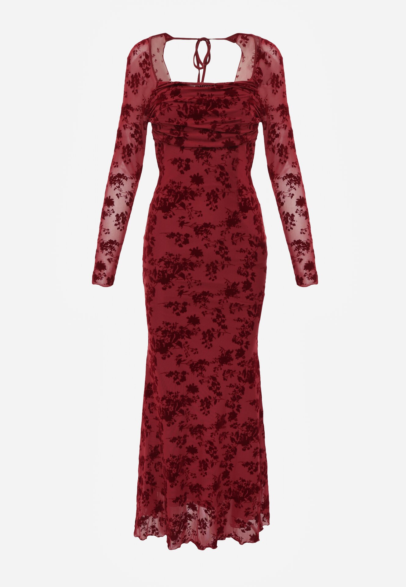 Czerwona Dopasowana Sukienka VICES z Odkrytymi Plecami Ozdobiona Tiulową Koronką Ravita