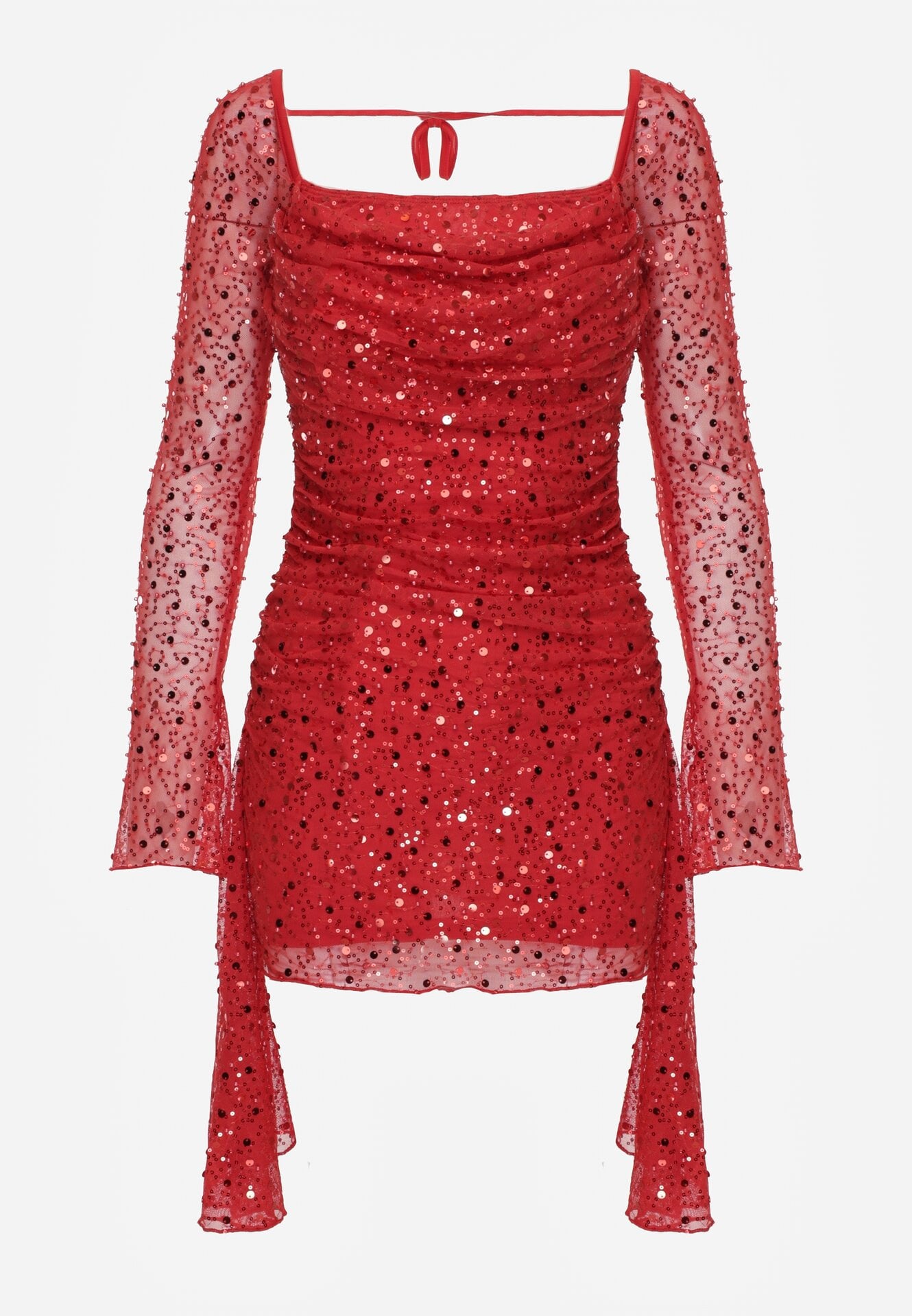 Czerwona Cekinowa Sukienka VICES o Dopasowanym Kroju z Wiązaniem Adrasalphia