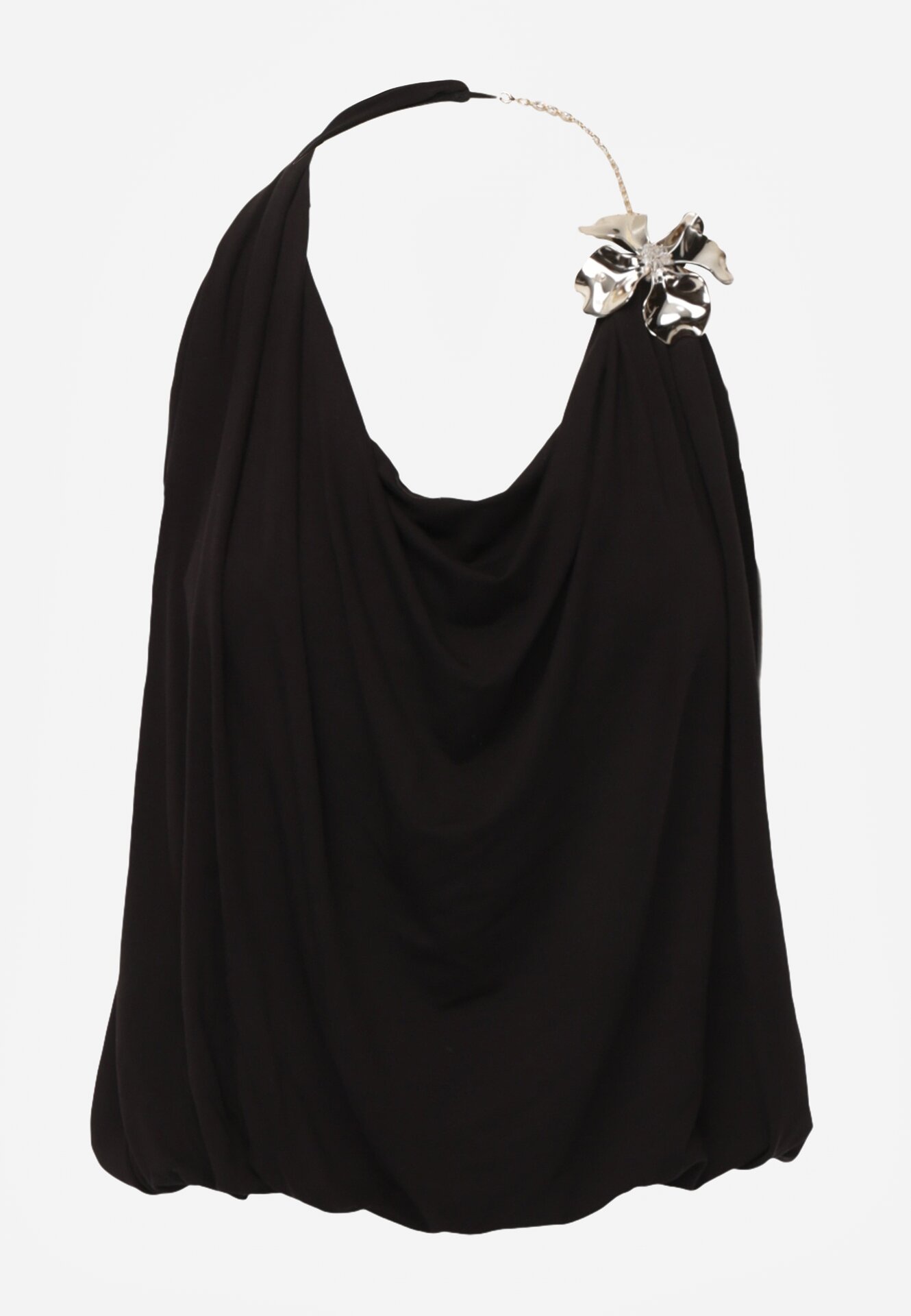 Czarny Elegancki Top Halter Ozdobiony Łańcuszkiem i Kwiatową Broszką Idisara