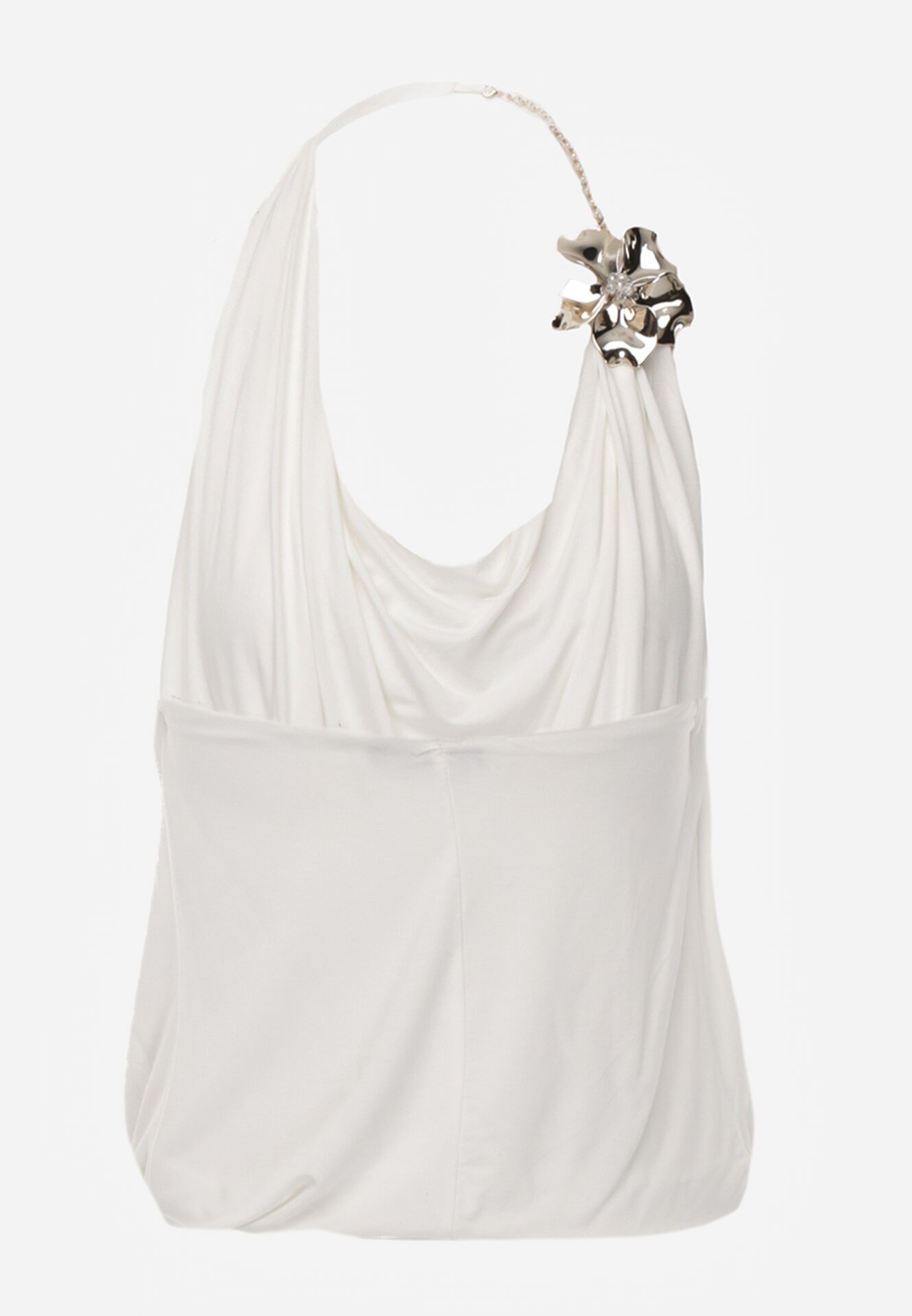 Biały Elegancki Top Halter Ozdobiony Łańcuszkiem i Kwiatową Broszką Idisara