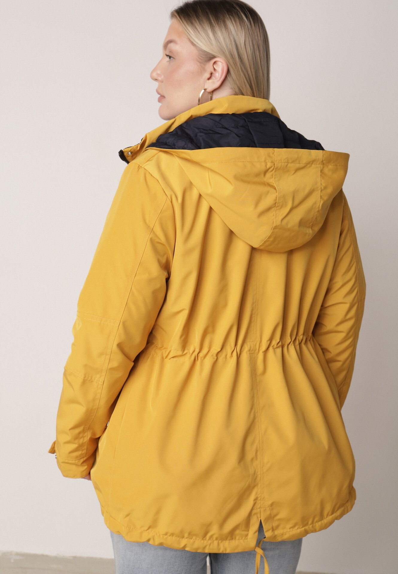 Żółto-Granatowa Przejściowa Kurtka Dwustronna Parka z Pikowaniem i Kapturem Tidare