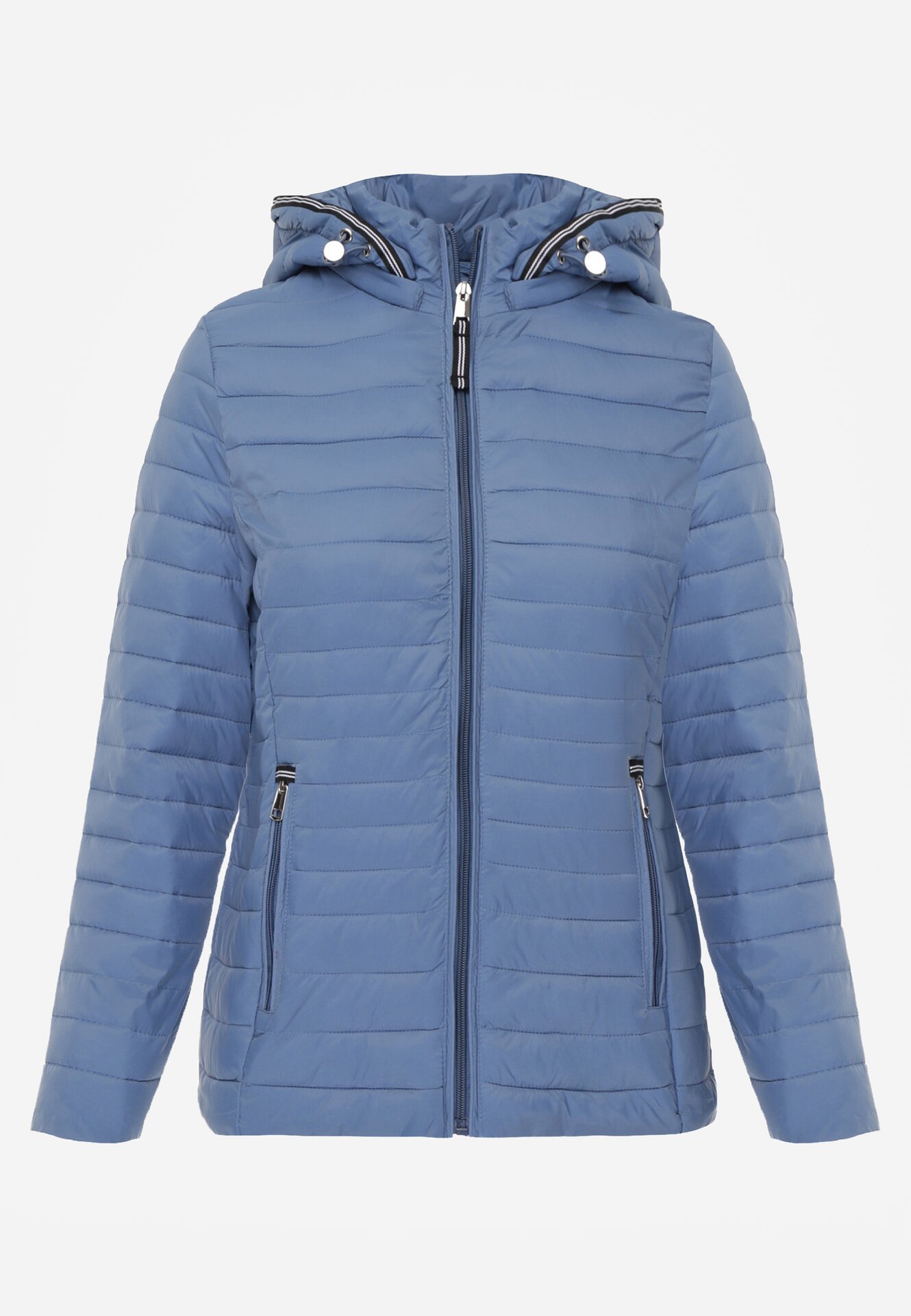 Niebieska Pikowana Kurtka Przejściowa z Kapturem z Lamówką i Ściągaczami Zidara