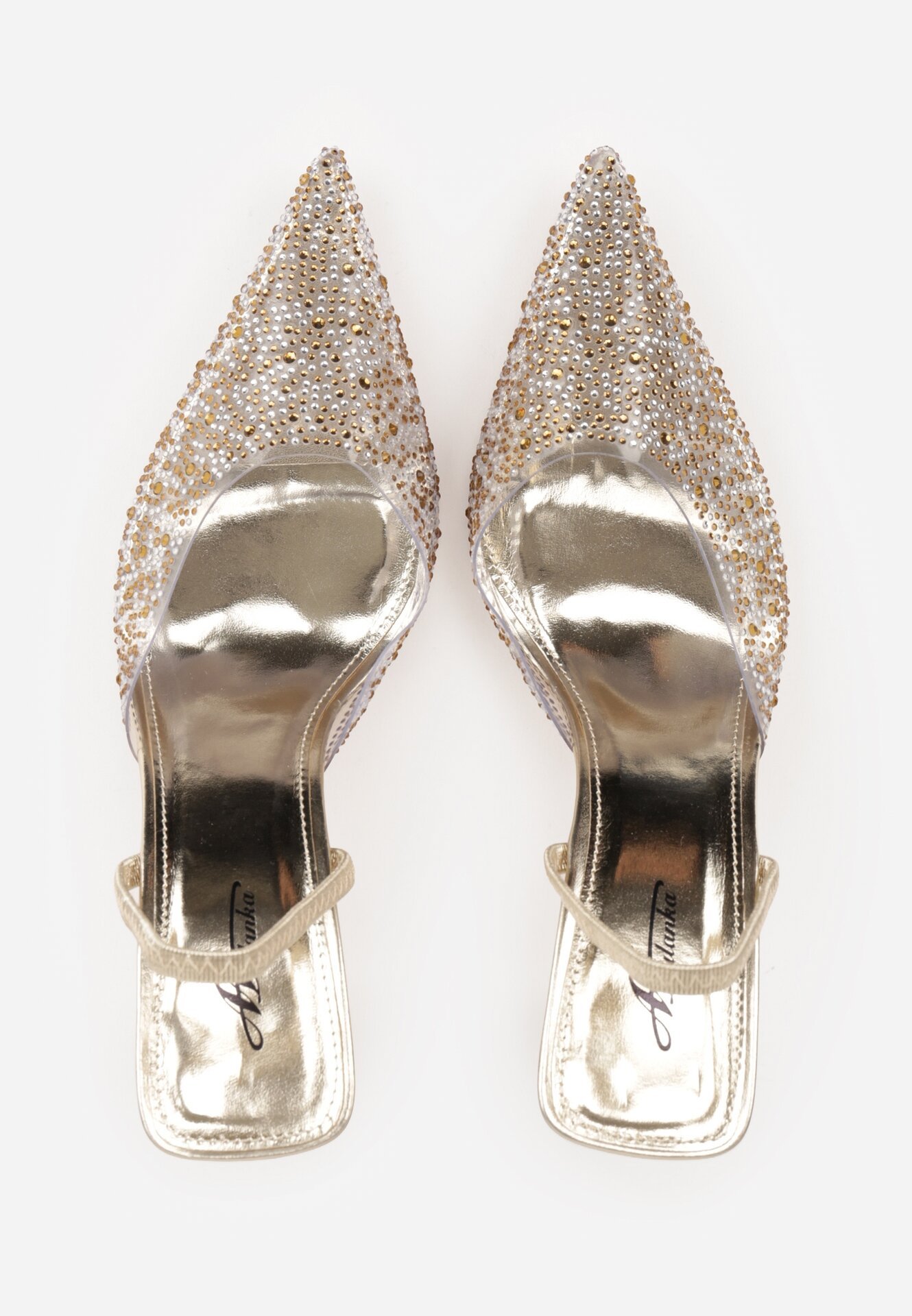 Złote Transparentne Szpilki z Odkrytą Piętą i Cyrkoniami na Nosku Ilunatia