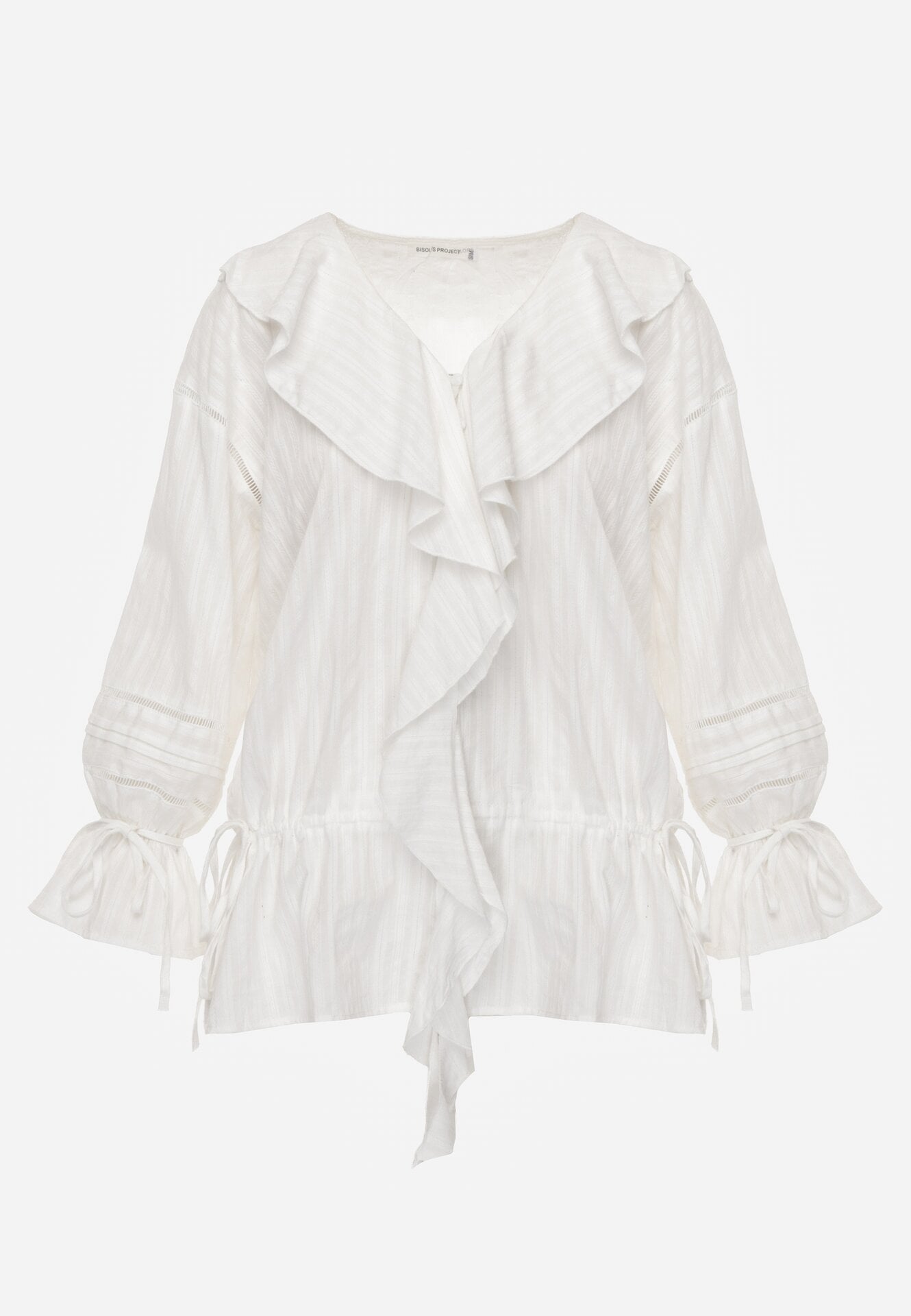 Biała Bawełniana Bluzka w Romantycznym Stylu z Falbankami i Wiązaniem Cezarina