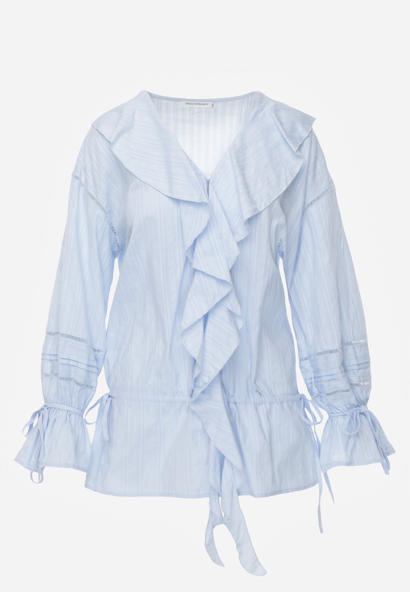 Niebieska Bawełniana Bluzka w Romantycznym Stylu z Falbankami i Wiązaniem Cezarina