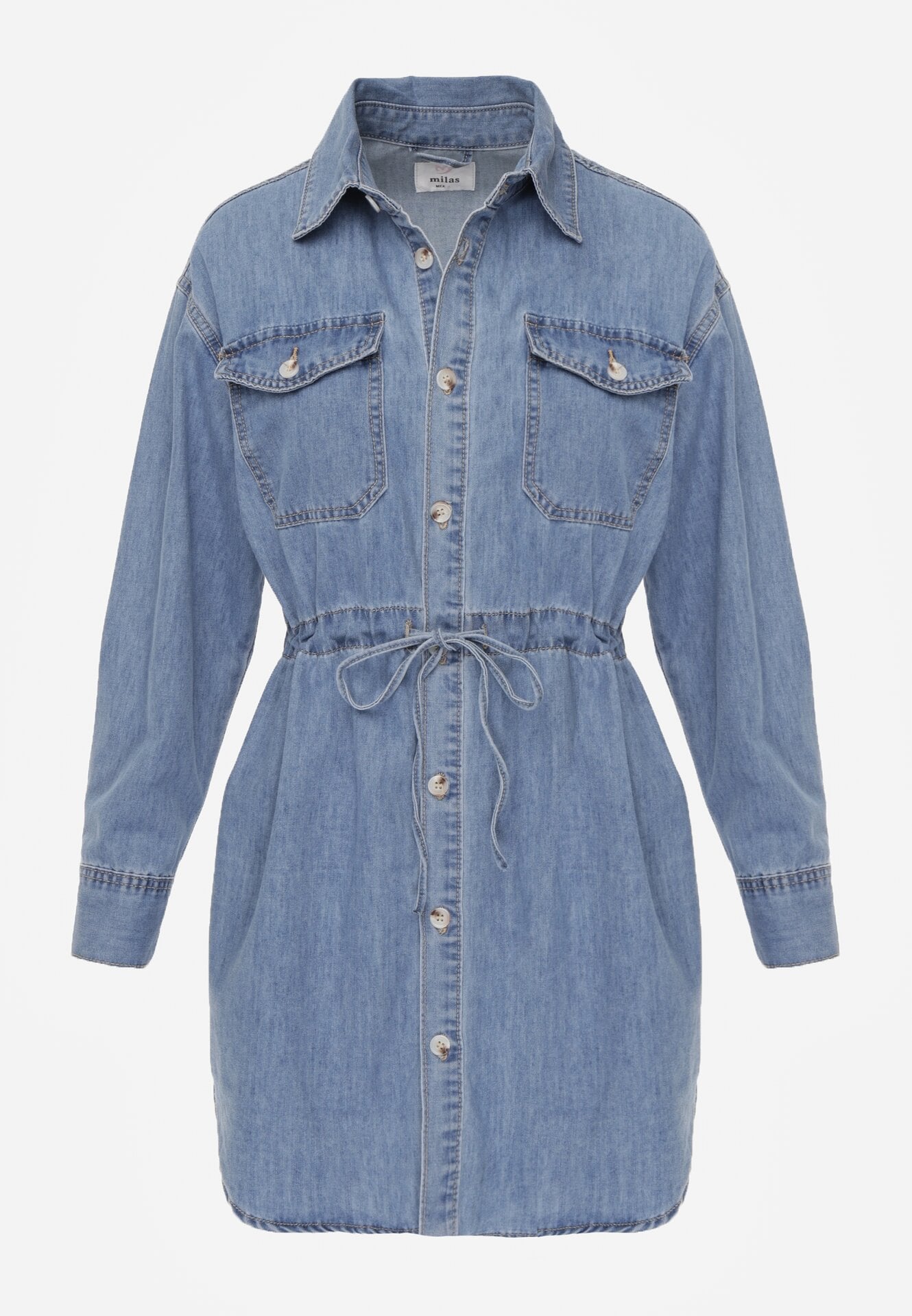 Niebieska Koszulowa Sukienka Jeansowa z Marszczeniem i Guzikami Dorinatta