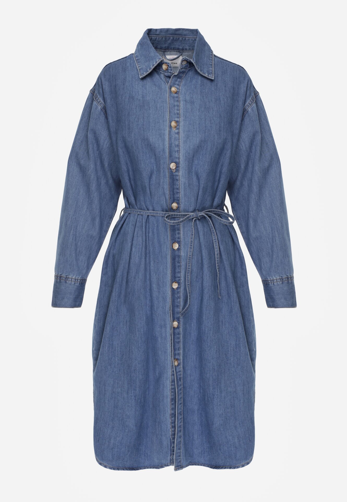 Niebieska Koszulowa Sukienka Jeansowa z Bawełną Ozdobiona Paskiem Carenatesa