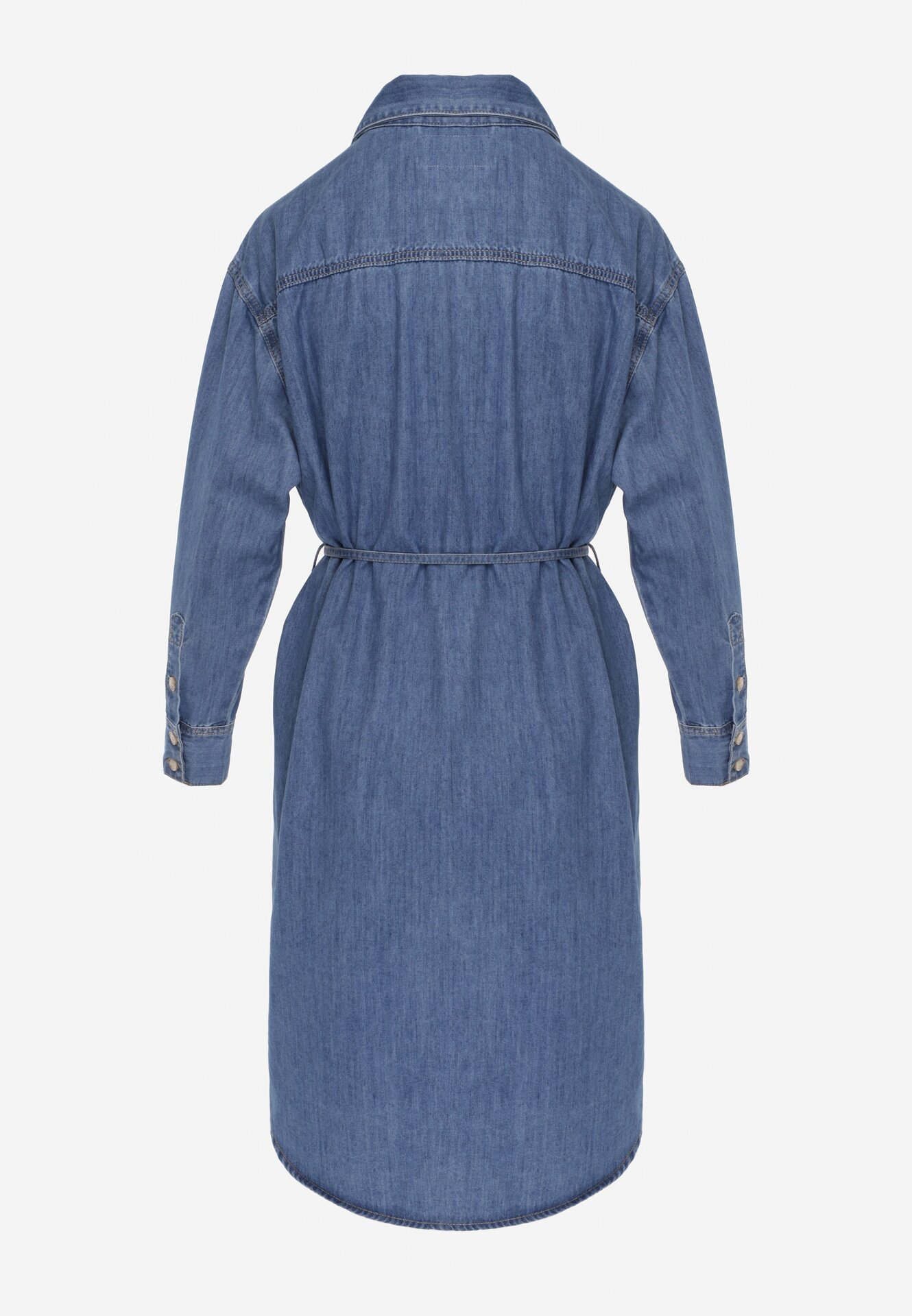 Niebieska Koszulowa Sukienka Jeansowa z Bawełną Ozdobiona Paskiem Carenatesa