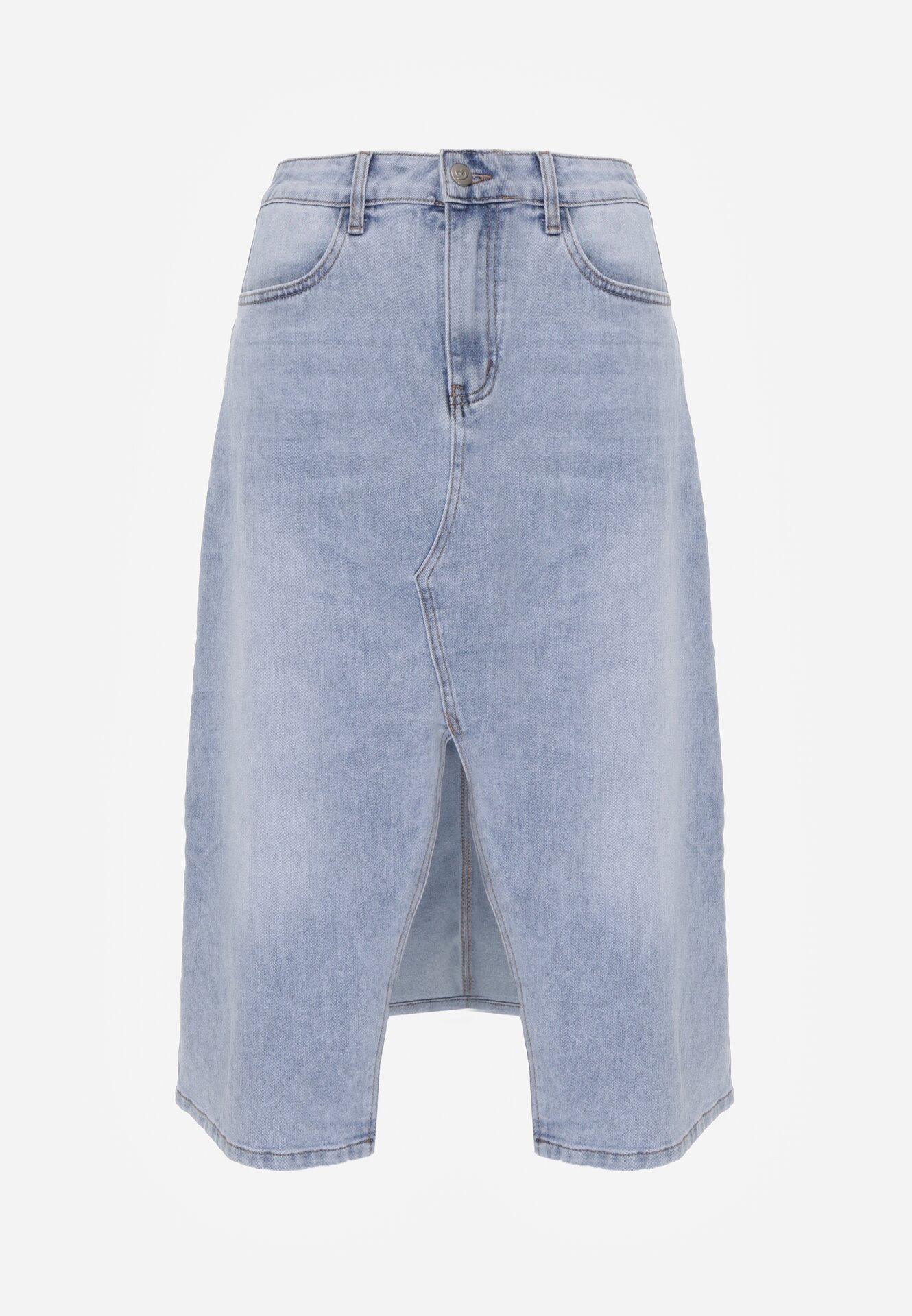 Niebieska Jeansowa Spódnica z Bawełną Wysokim Stanem i Rozcięciem z Przodu Cannate