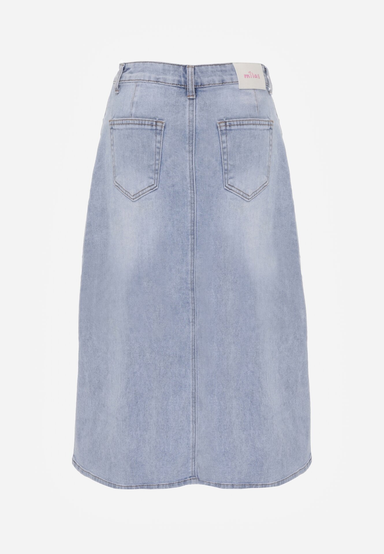 Niebieska Jeansowa Spódnica z Bawełną Wysokim Stanem i Rozcięciem z Przodu Cannate