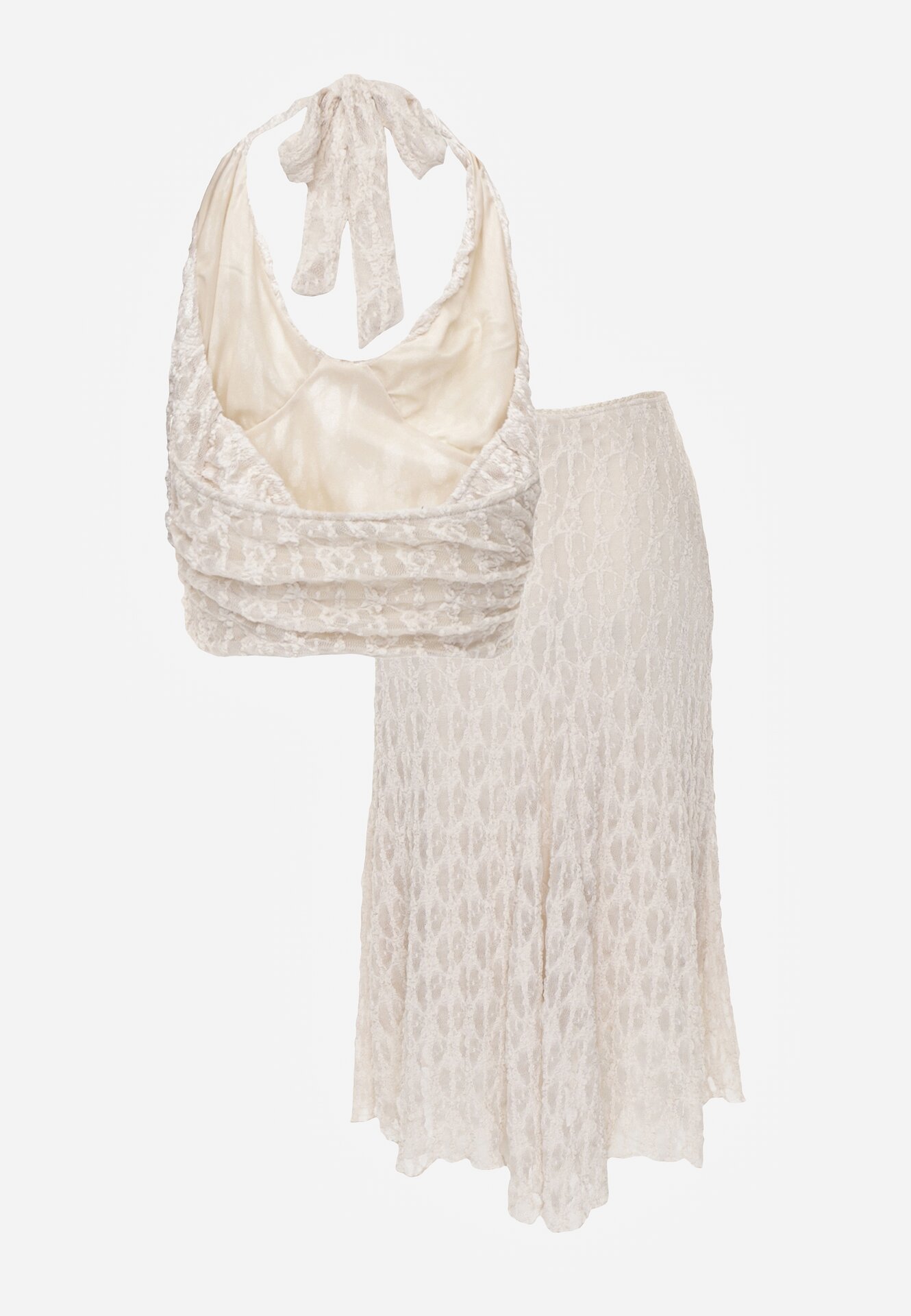 Beżowy Koronkowy Komplet Top Wiązany na Szyi i Spódnica Corinatea